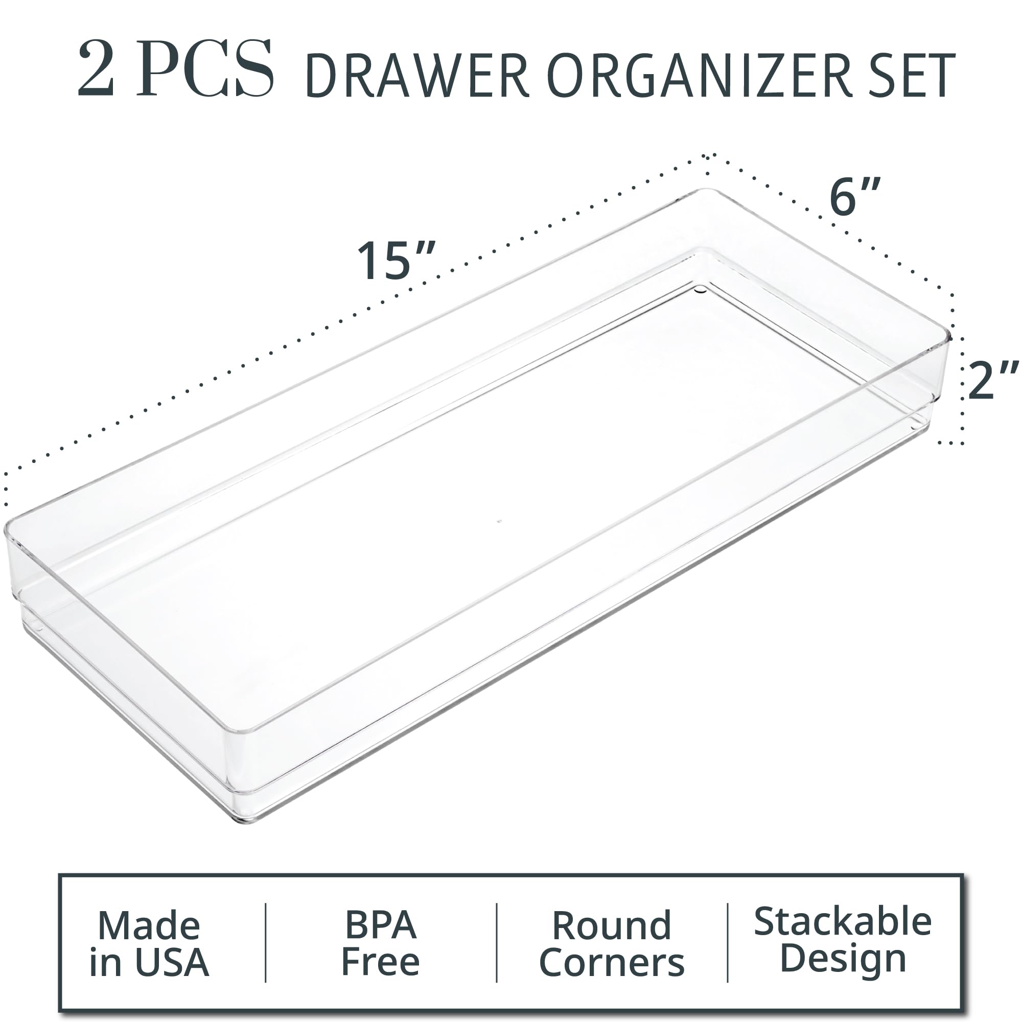 STORi SimpleSort 2-Piece Stackable Clear Drawer Organizer Set | 15 '' x 6 '' x 2 '' Rectangle Trays | Wide Makeup Vanity Storage