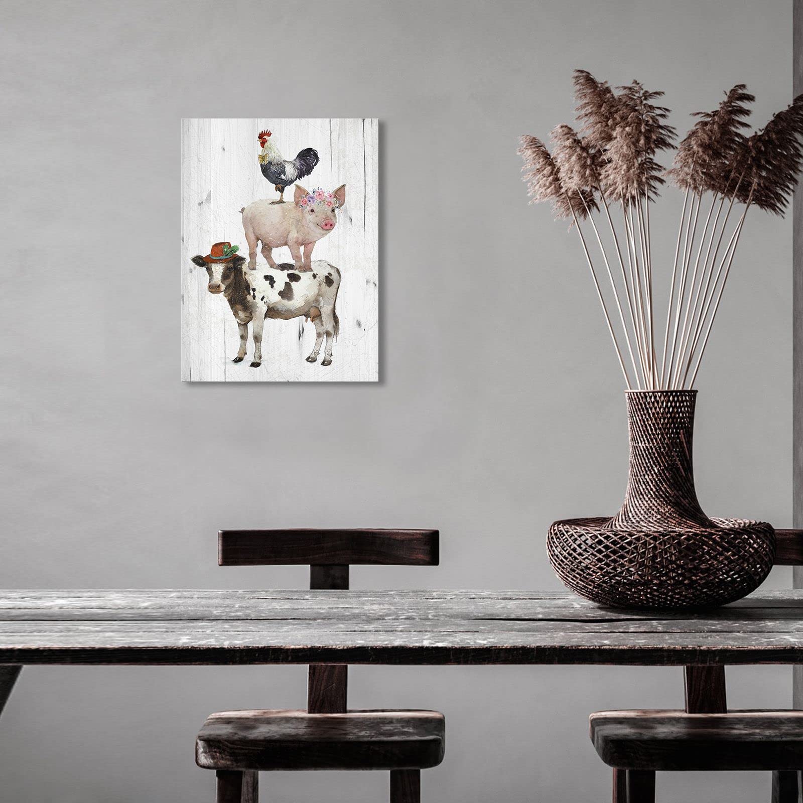 YPY Farm Animals Canvas Wall Art - Rooster Pig Cow Print, 15L x 10W, Rustic Wood Framed Decor for Home Office, Ready to Hang