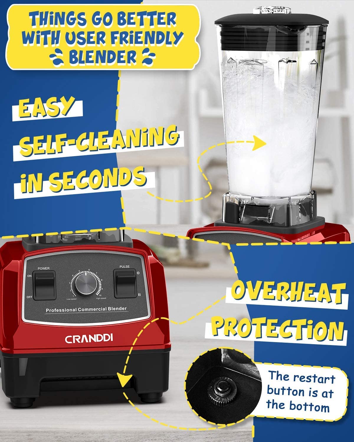 Cranddi Professional Blender,1500 Watt Commercial Blenders For Kitchen With 70Oz Bpa-Free Pitcher And Self-Cleaning, Countertop