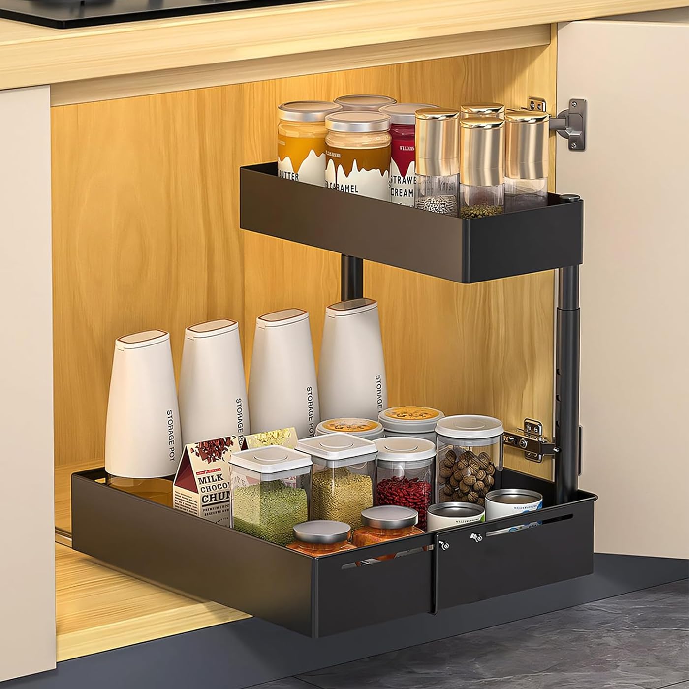 Laknuy Under Sink Organiser,2 Tier Pull Out Cabinet Organiser,Height Adjustable Out Cabinet Drawer,MultiPurpose Slide Out Stora