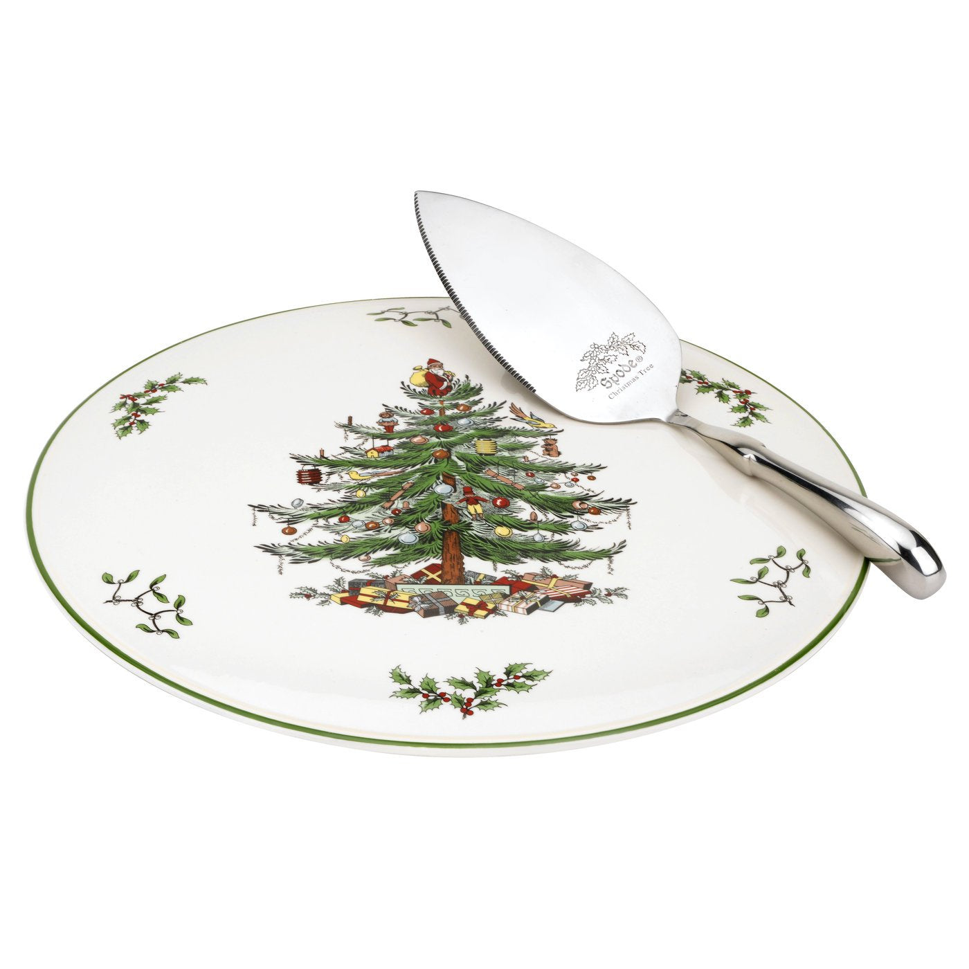 Portmeirion Spode Christmas Tree Cake Plate & Server Set - 11.5 Inch Fine Porcelain Cake Plate with Stainless Steel Server for H