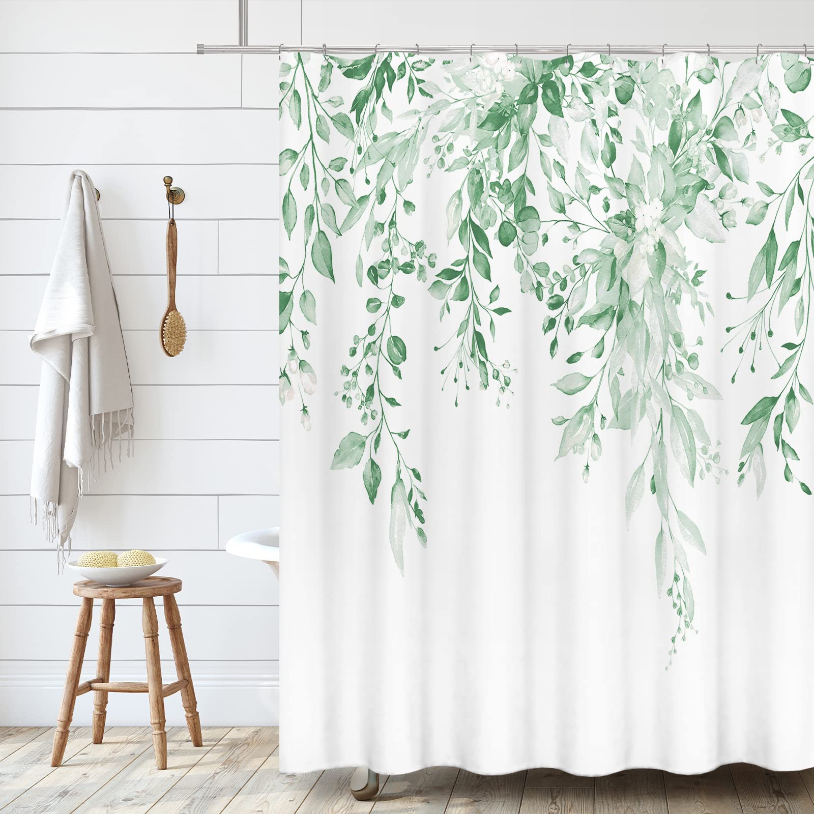 Tititex Mint Green Eucalyptus Shower Curtain Sets, Watercolor Leaves On The Top Plant With Floral Bathroom Decoration 72X72 Inch