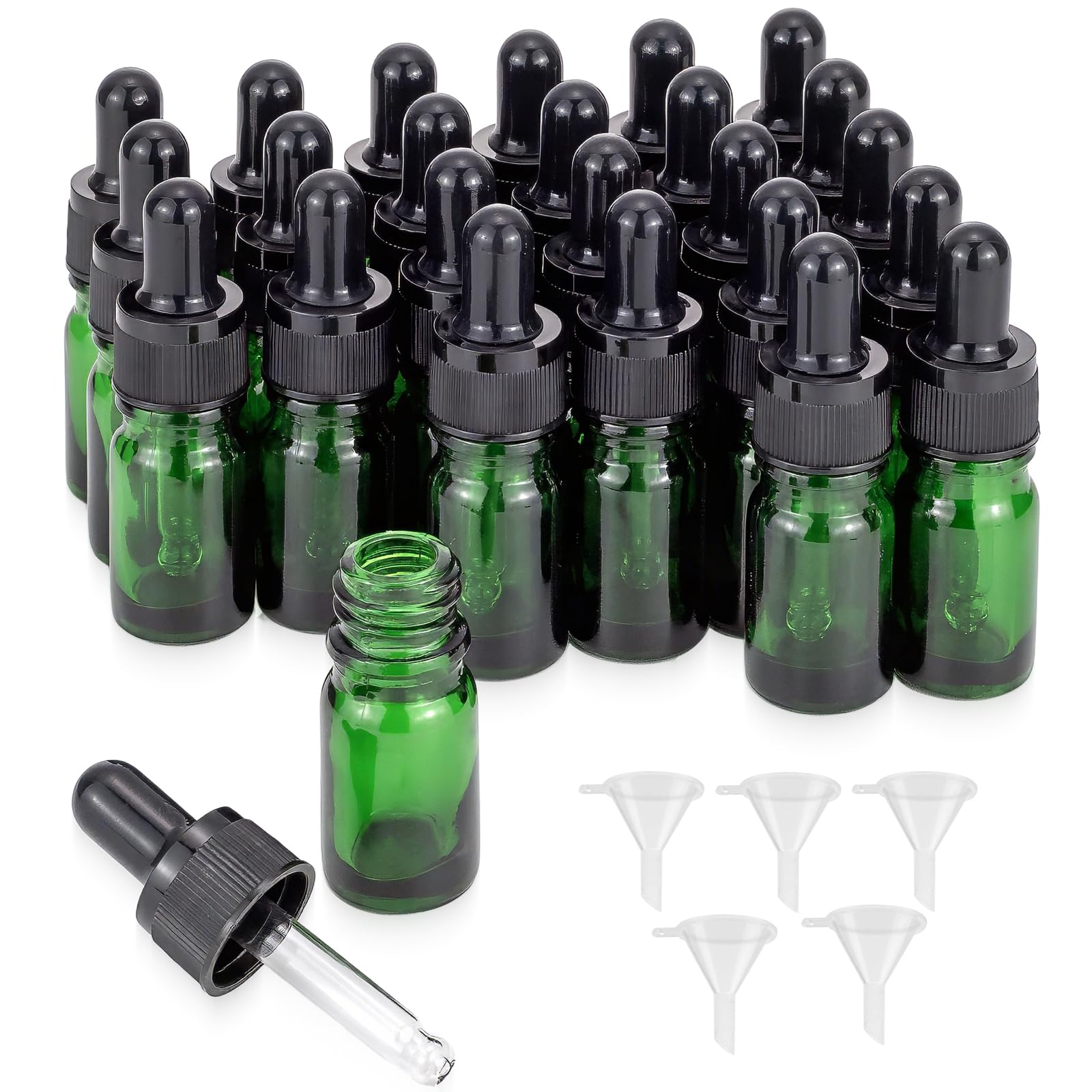 JIUWU 25Pack 5ml (1/6 oz) Green Glass Dropper Bottles with Lids