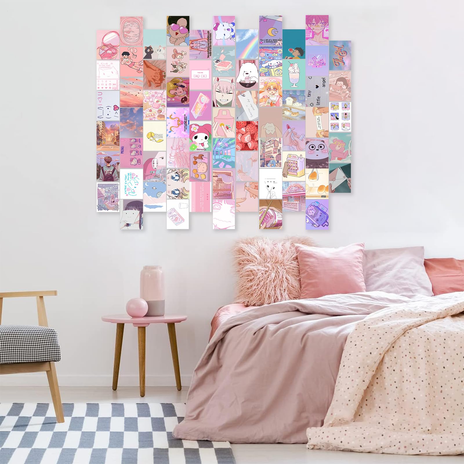 Kbkbart Anime Aesthetic Wall Collage Kit, 70Pcs Kawaii Room Decor, Pink Cartoon Assembled Print Card Set, Anime Photo Wall Colla