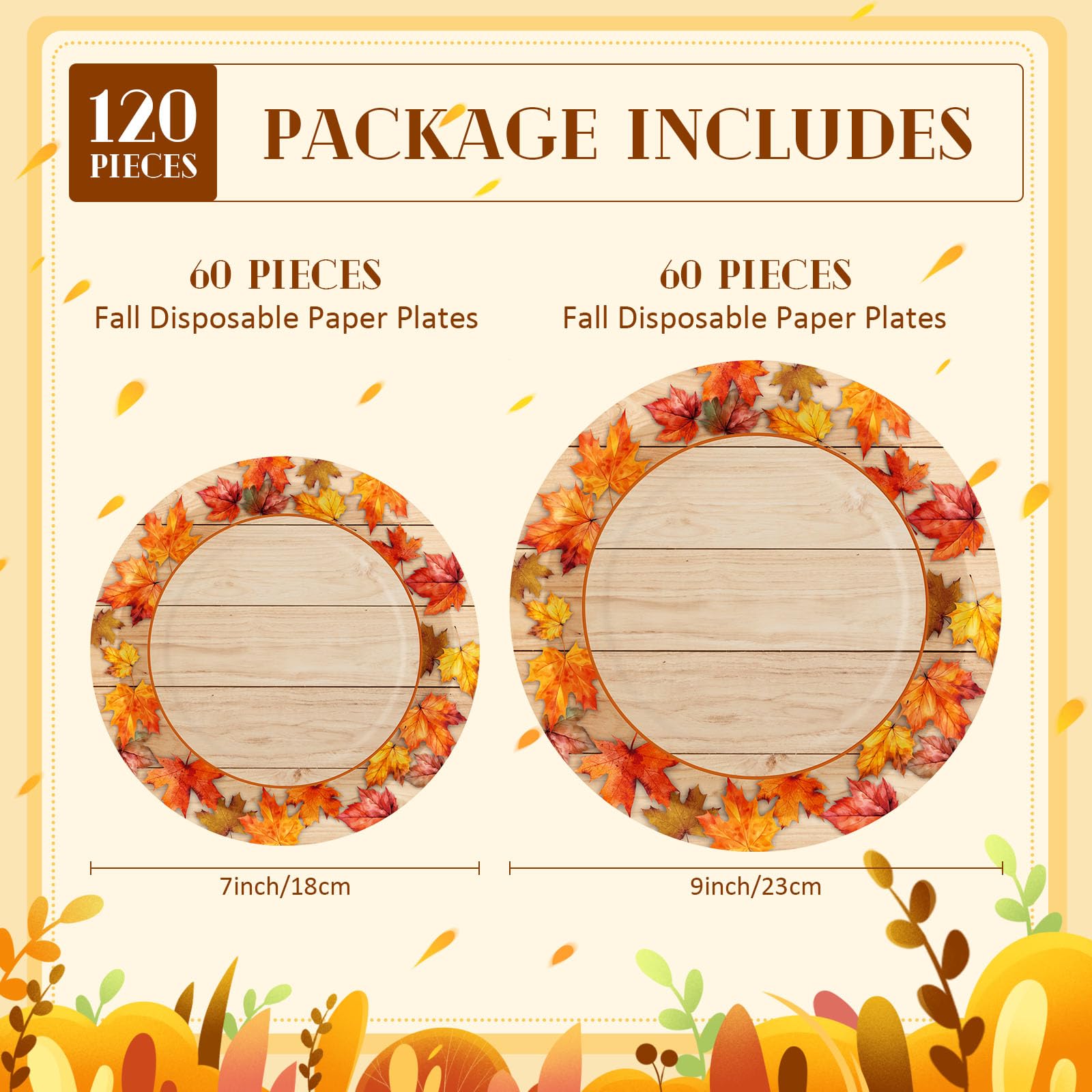 Havawish 120 Pcs Thanksgiving Fall Paper Plates 7 Inch and 9 Inch Autumn Harvest Disposable Dinner Paper Goods Fall Leaf Pumpkin