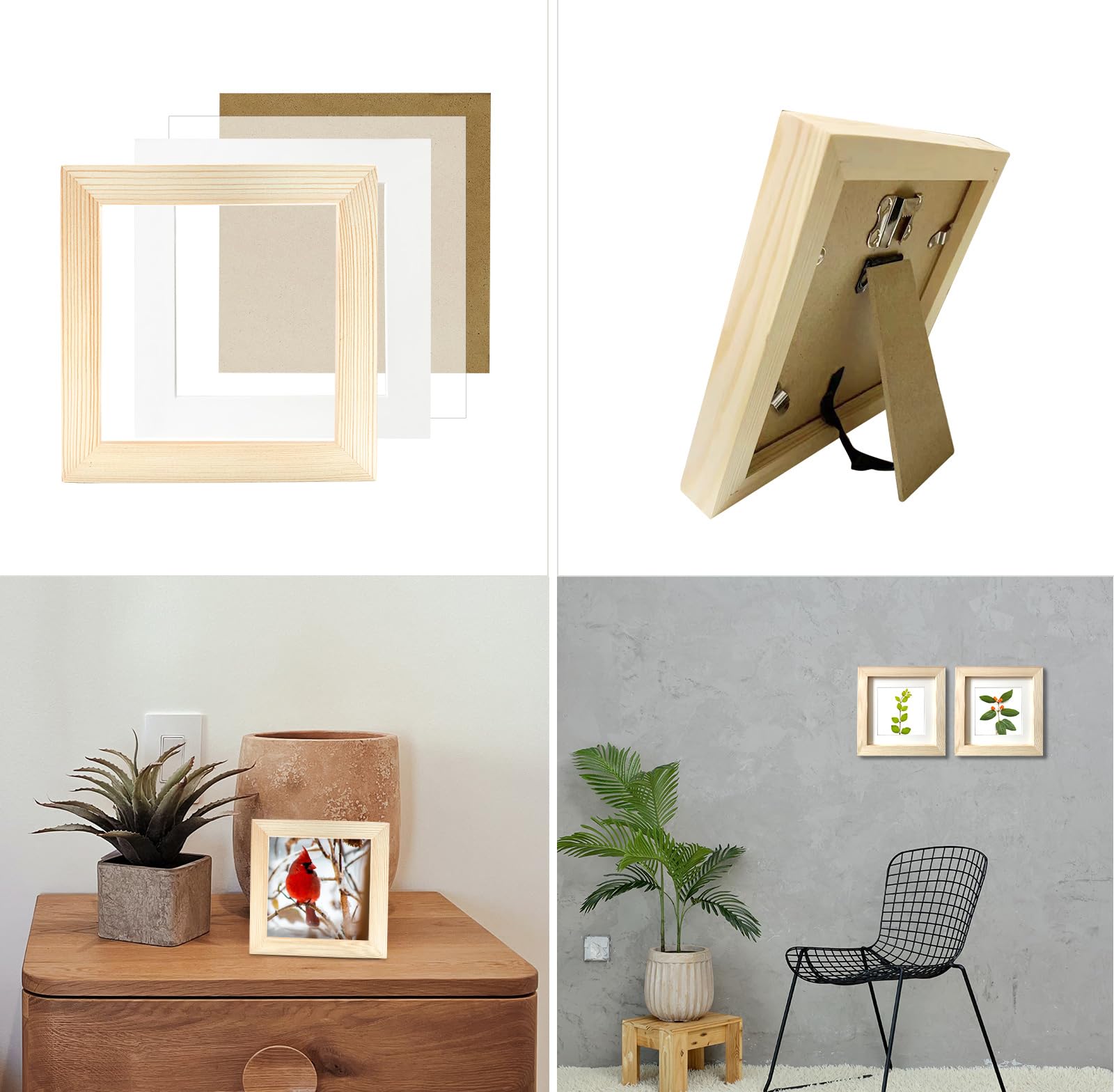 LEKAIYA 6x6 Picture Frames Set of 2, Square Grain Solid Wood Photo Frame for Tabletop or Wall Mounting