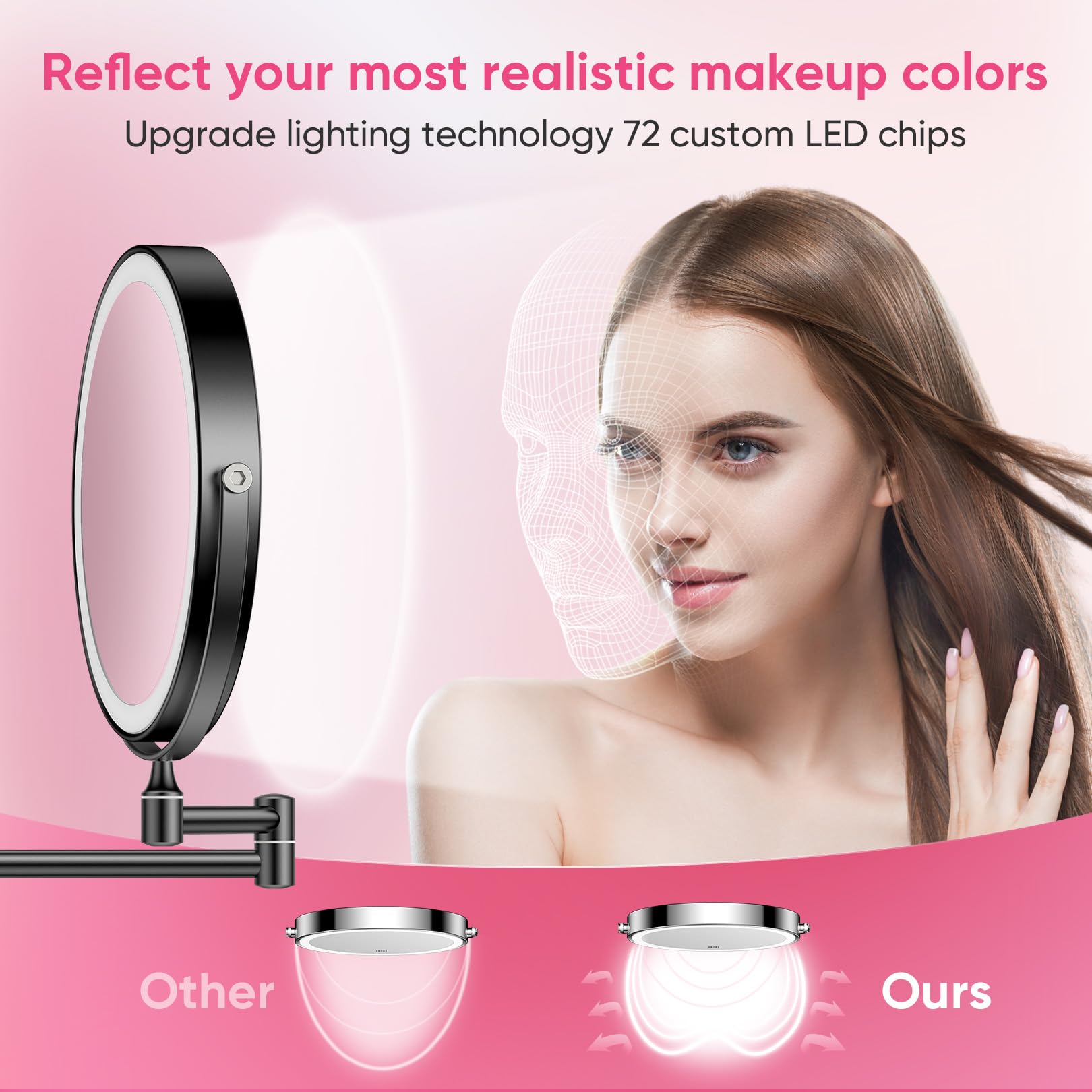 Fascinate Rechargeable Wall Mounted Makeup Mirror With Lights And Magnification, 8 Inch Double Sided 1X 10X Magnifying Bathroom