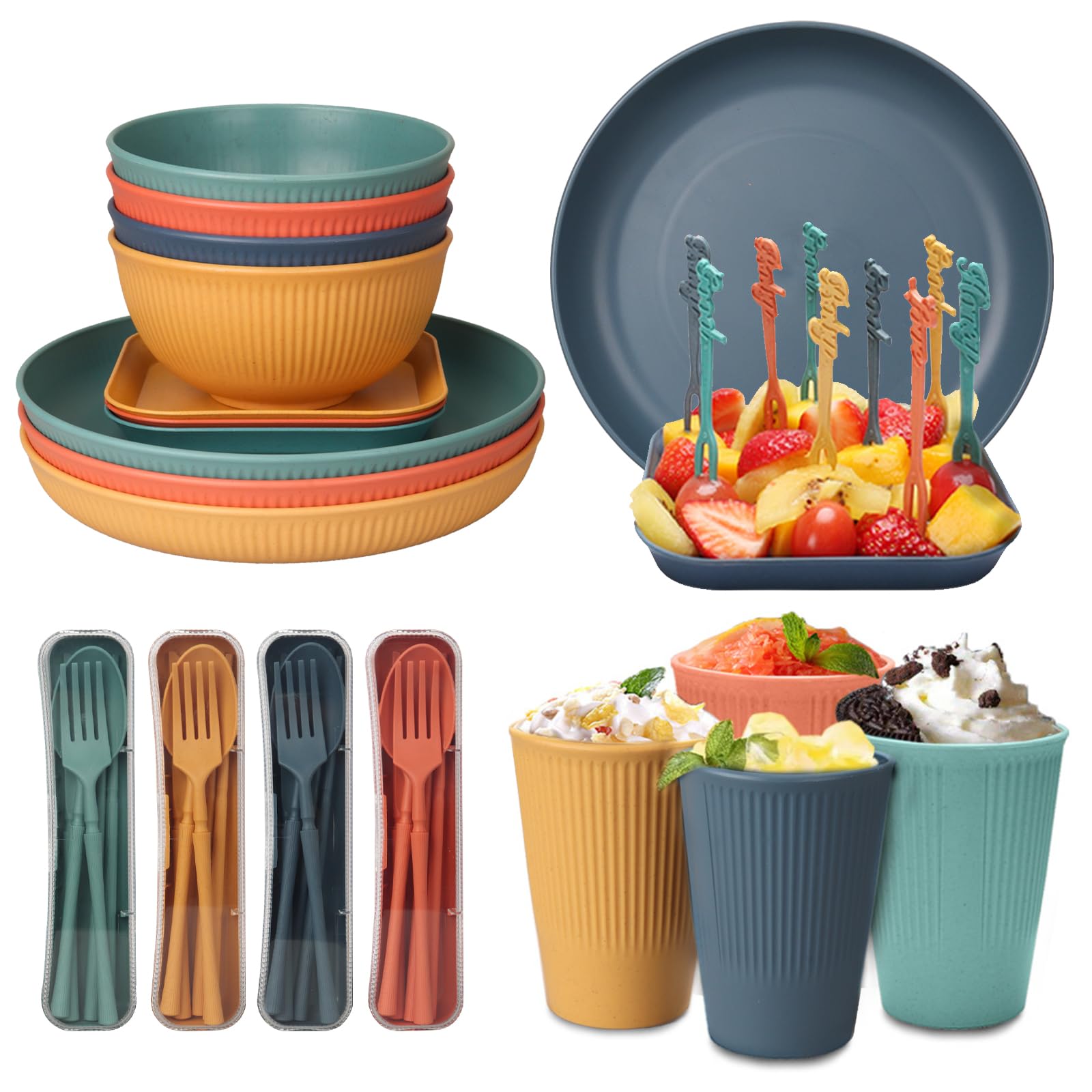 48 Pcs Dinnerware Sets, Unbreakable Plates and Bowls Sets, Reusable Dinnerware Sets for 4 People, Travel Camping Picnic Home Par