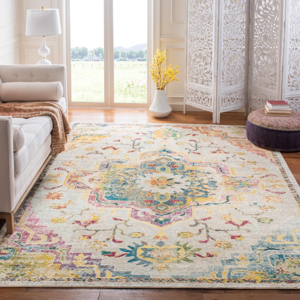 SAFAVIEH unisex Crystal Collection Area Rug - 8 x 10, Light Blue & Grey, Medallion Distressed Design, Non-Shedding & Easy Care
