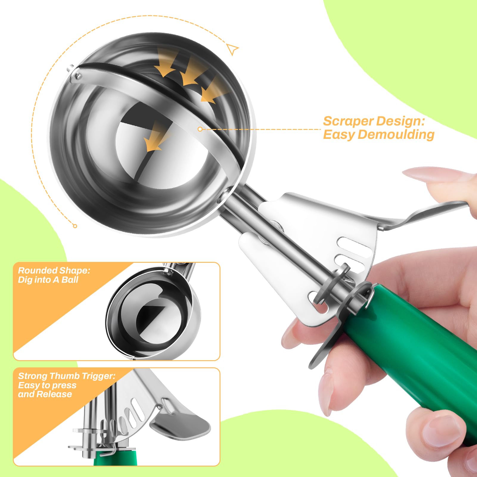 Ice Cream Scoop, Ice Cream Scooper Set Include Different Sizes, Heavy Duty Ice Cream Scoop With Trigger, Polishing Stainless Ste