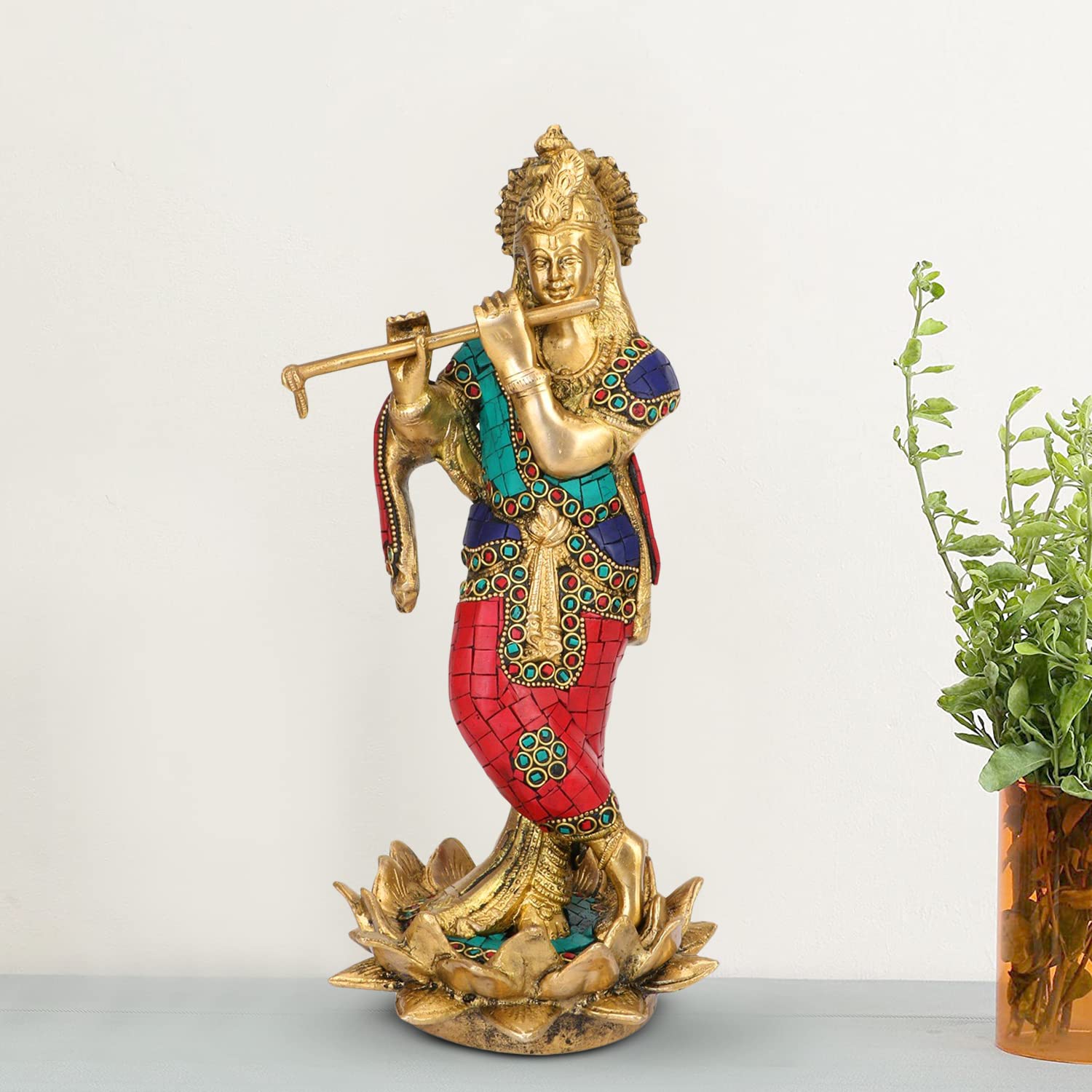 ARTVARKO Brass Murti Lord Krishna Bhagwan Statue Playing Flute on Colored Lotus Turquoise Home Decor Living Pooja Room Mandir Te