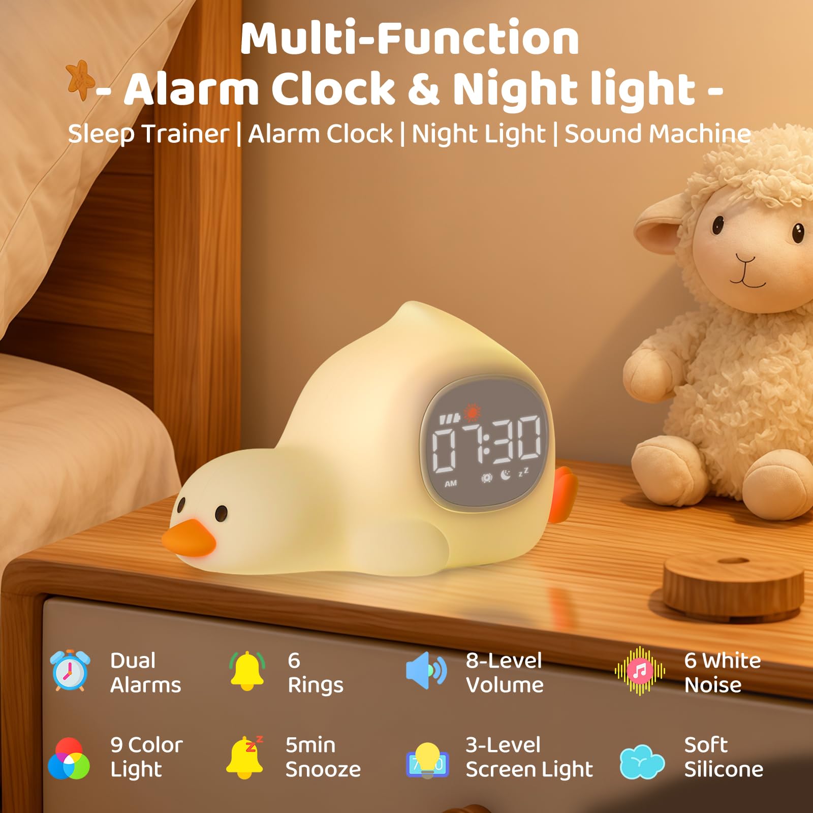 Aokpsrt Laying Duck Alarm Clock with Night Light, Sleep Training Sound Machine, Rechargeable Silicone Lamp, White