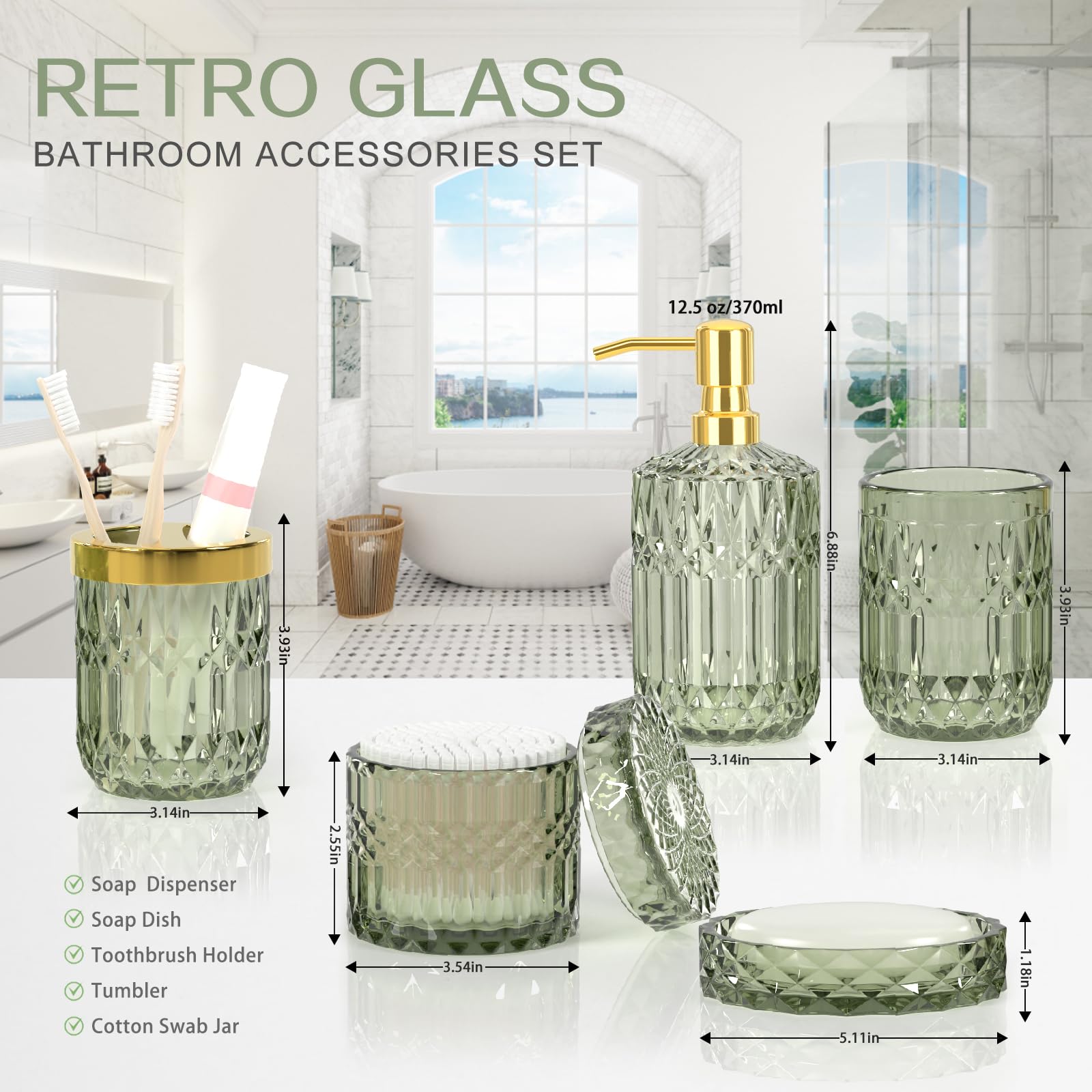 Towoaafu Green Bathroom Accessories Set - 5 Pcs Glass Bathroom Decor With Soap Dispenser & Soap Dish & Toothbrush Holder & Tumbl