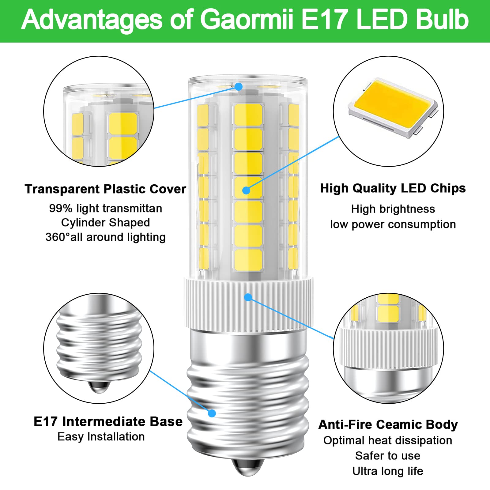 Gaormii LED Microwave Over Stove Light Bulb Replacement, 40W, E17 Base, 6000K Daylight White, Dimmable, 2-Pack