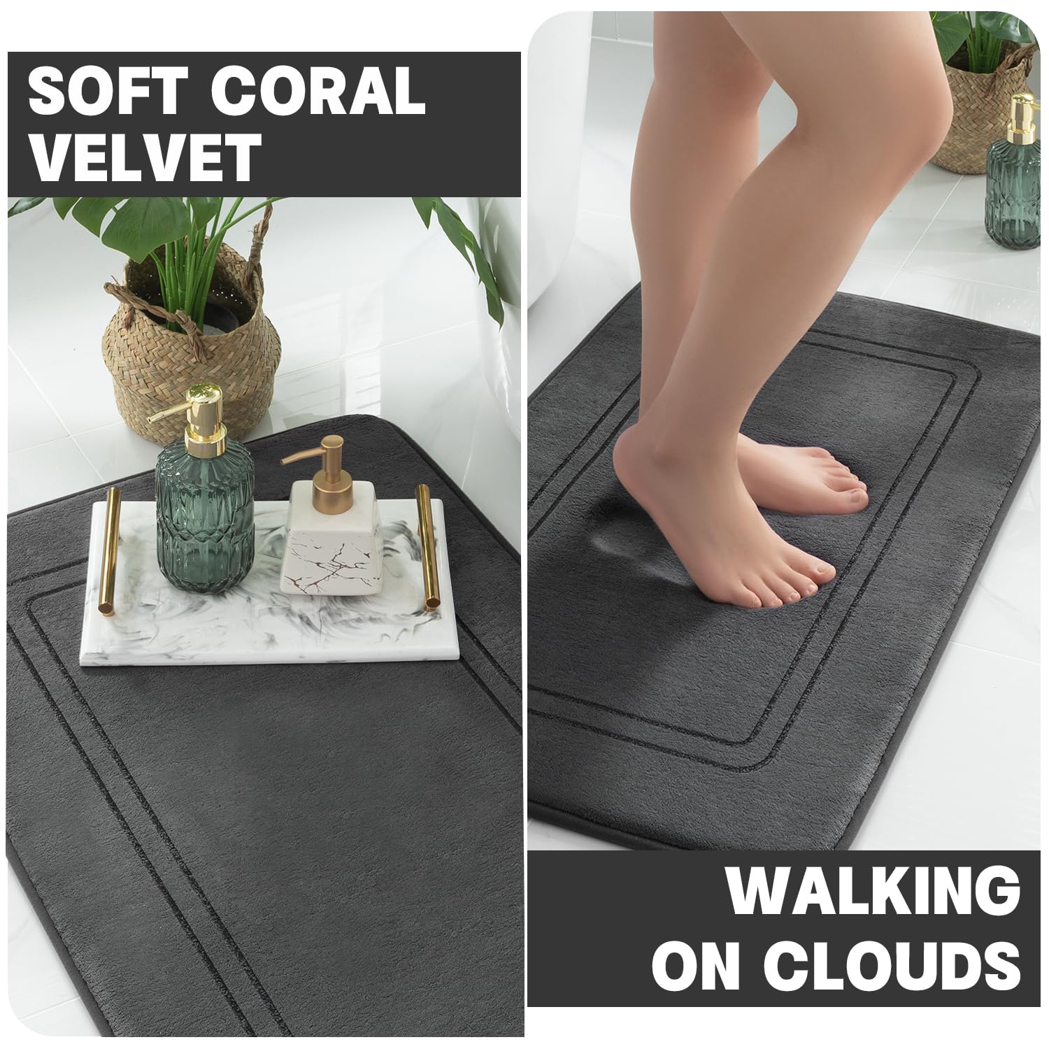 Yihouse Dark Grey Memory Foam Bathroom Rug Set 5 Piece, Absorbent Bathroom Mat Set, Non Slip Bath Mats For Bathroom Washable Dry