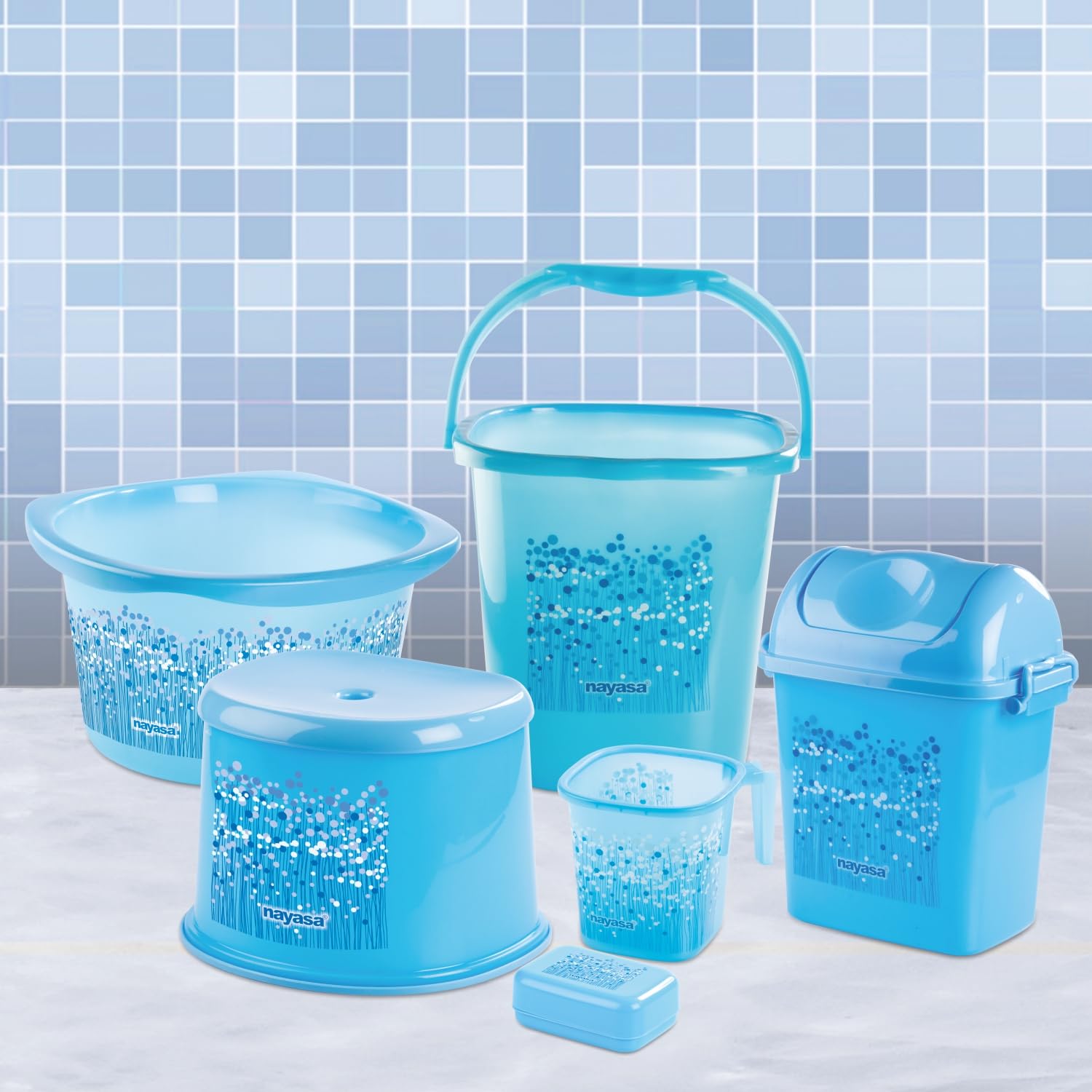 Nayasa Bathroom Set Small Dlx 6 Pcs | Bkt 25 L + Mug 1.5 L + Basin 20 L+ Dustbin 14 L + 508 Stool + Soap Case | Bathroom Accesso