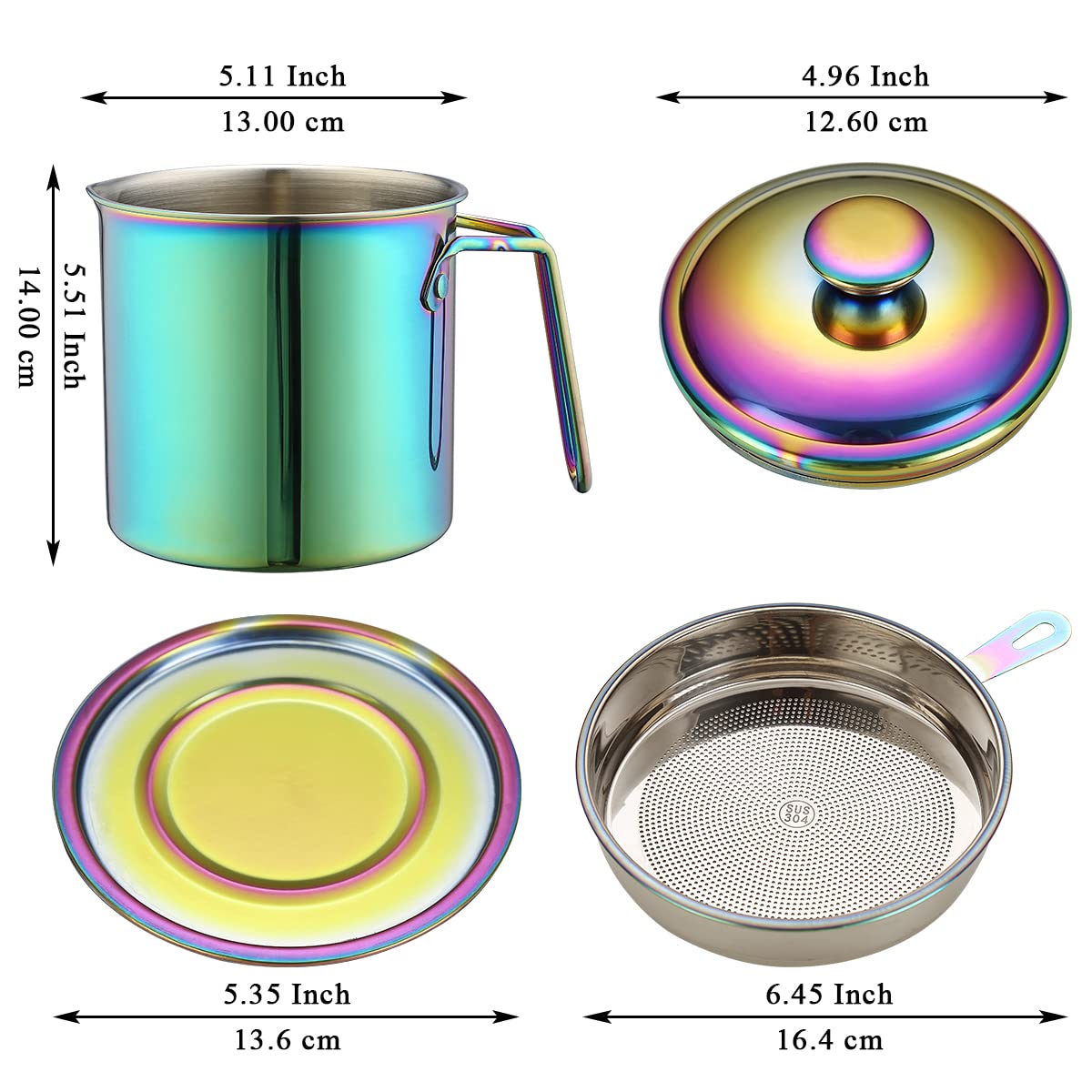 Berglander Rainbow Bacon Grease Container With Strainer 47oz  Titanium Colorful Plating Stainless Steel Oil Storage Container with Fine Mesh Strainer Dust-proof for Storing Frying Oil  Cooking Fat