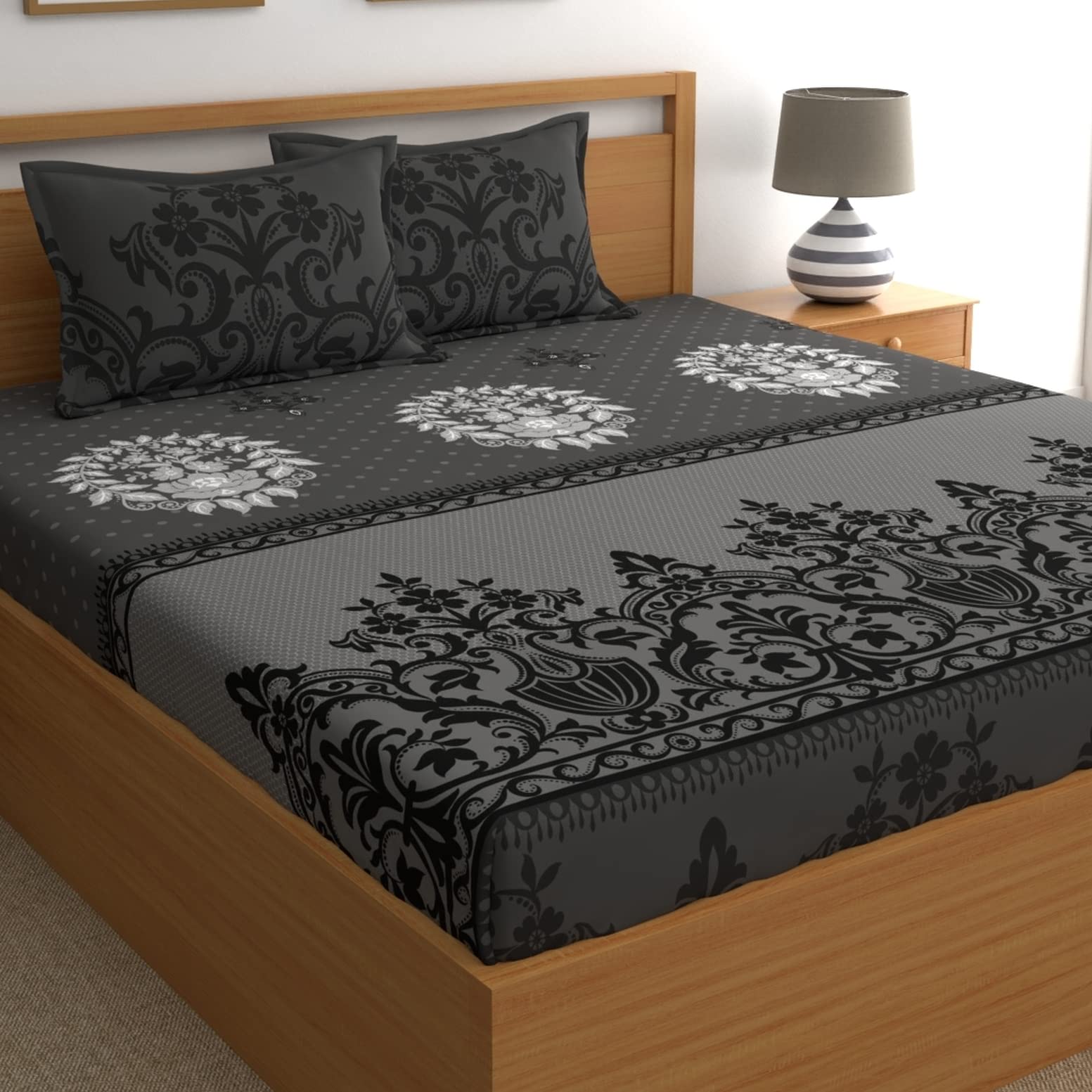 Dreamscape 100% Cotton King Bedsheet With 2 Pillow Covers, 140 Tc Cotton Ethnic Dark Grey Bedsheet For King Bed (9Ft X 9Ft)