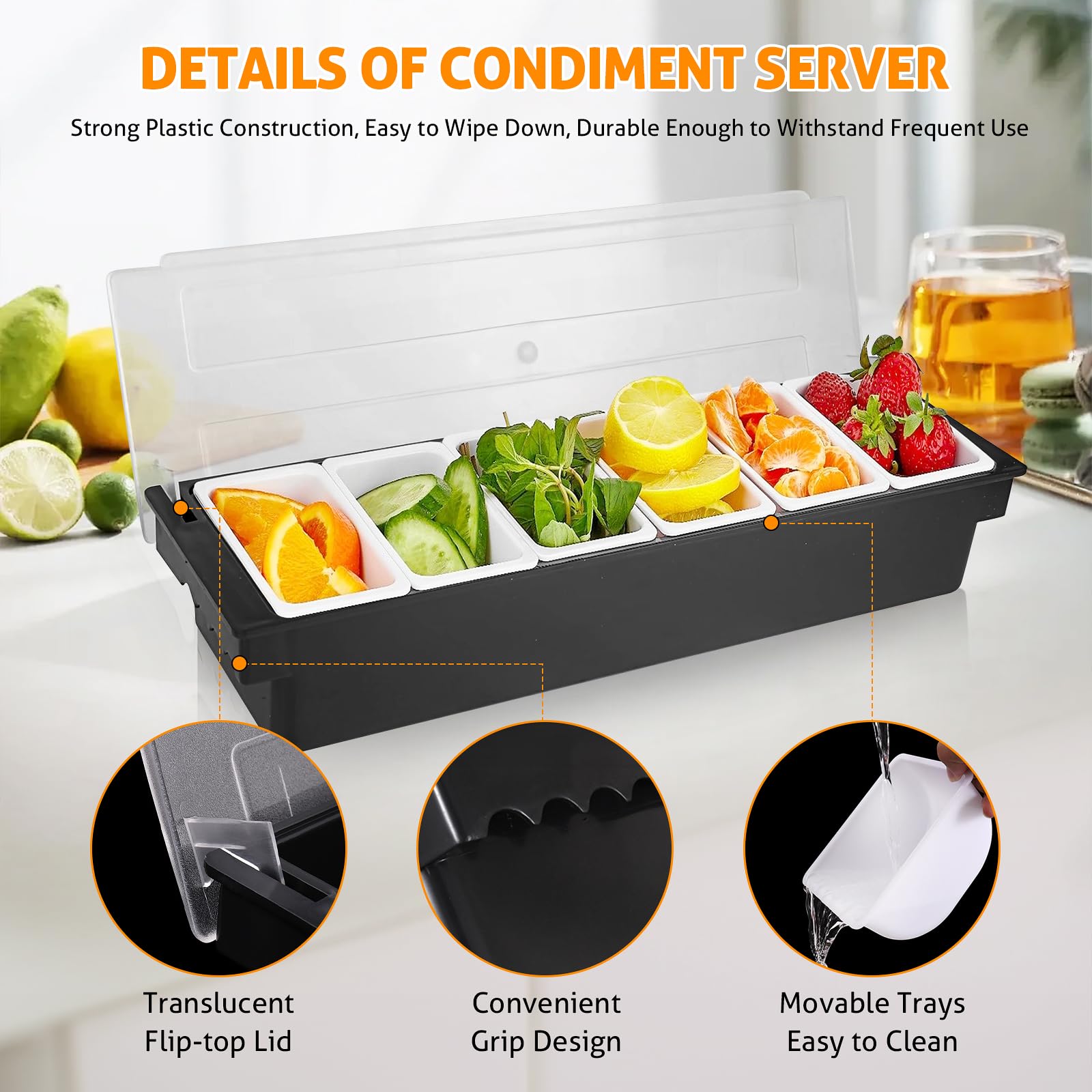Wichemi Fruit, Veggie & Condiment Caddy With Lid Dispenser Tray Plastic Garnish Station For Bartending & Serving Taco, Ice Cream