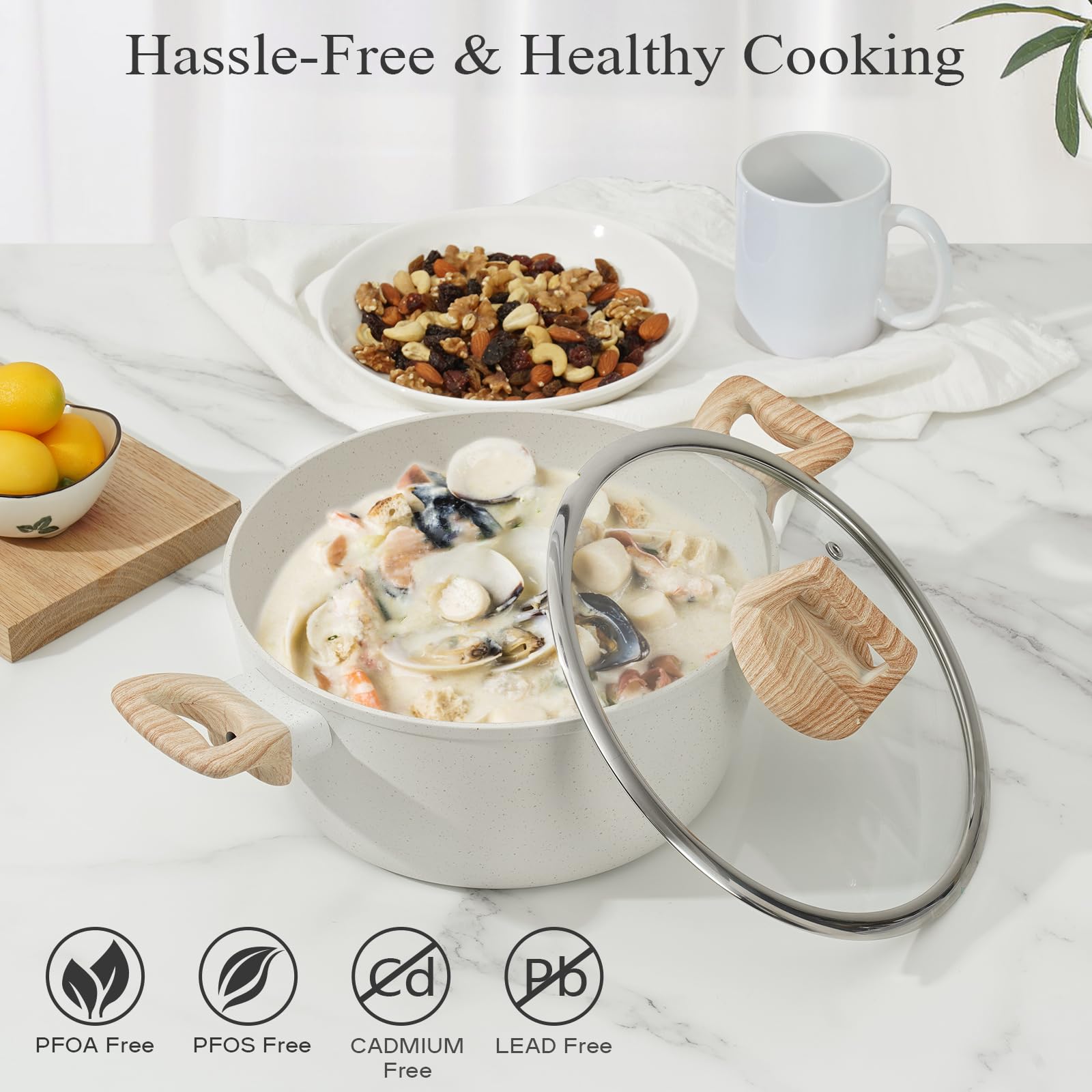 SODAY Pots and Pans Set Non Stick, 13 Pcs Kitchen Cookware Sets White Granite Nonstick Cooking Set with Frying Pans, Saucepans,