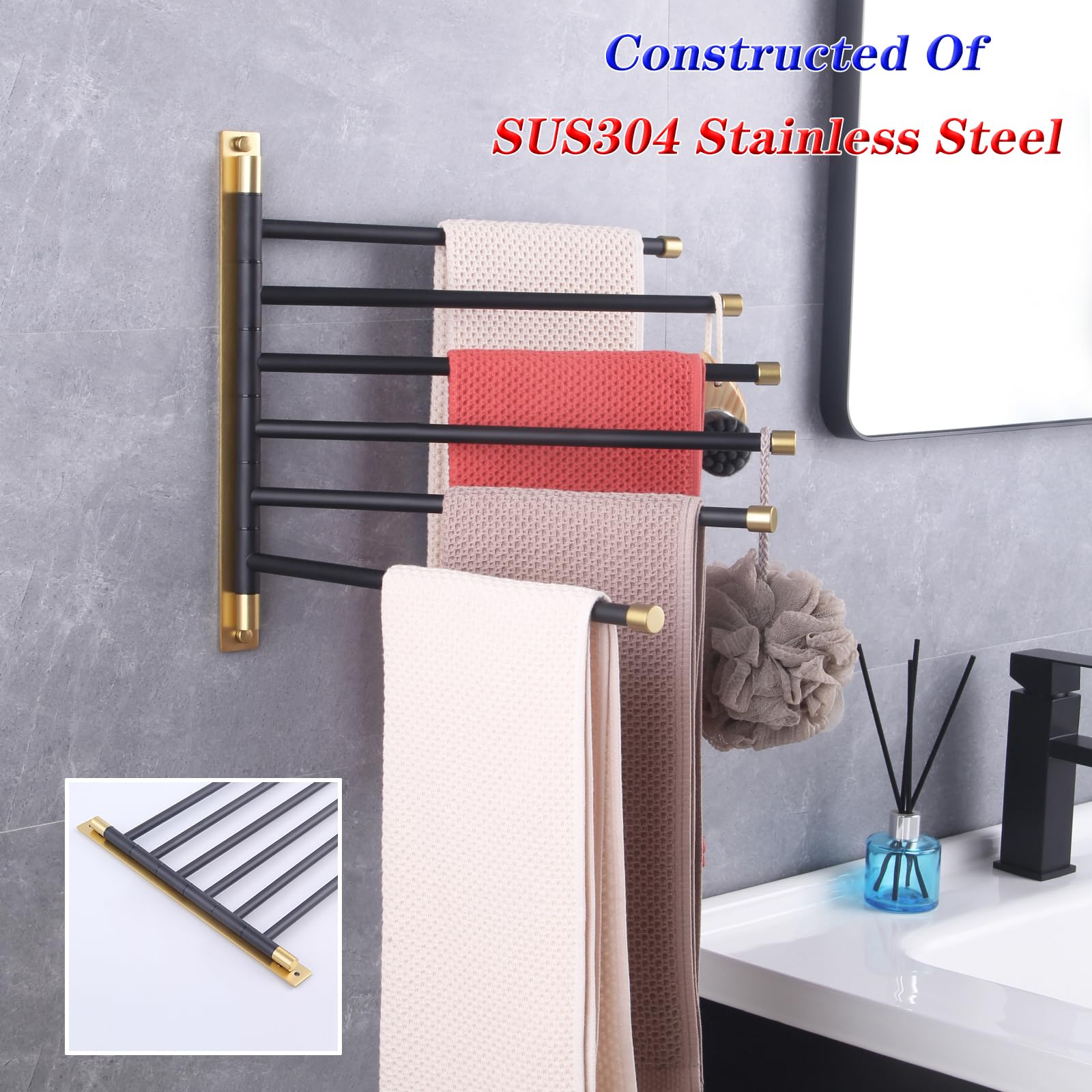 Gerzwy Bathroom Swing Arm Towel Bars Wall Mount Bath Towel Rack With 6 Arms Hanger Towel Holder Organizer Stainless Steel (Black