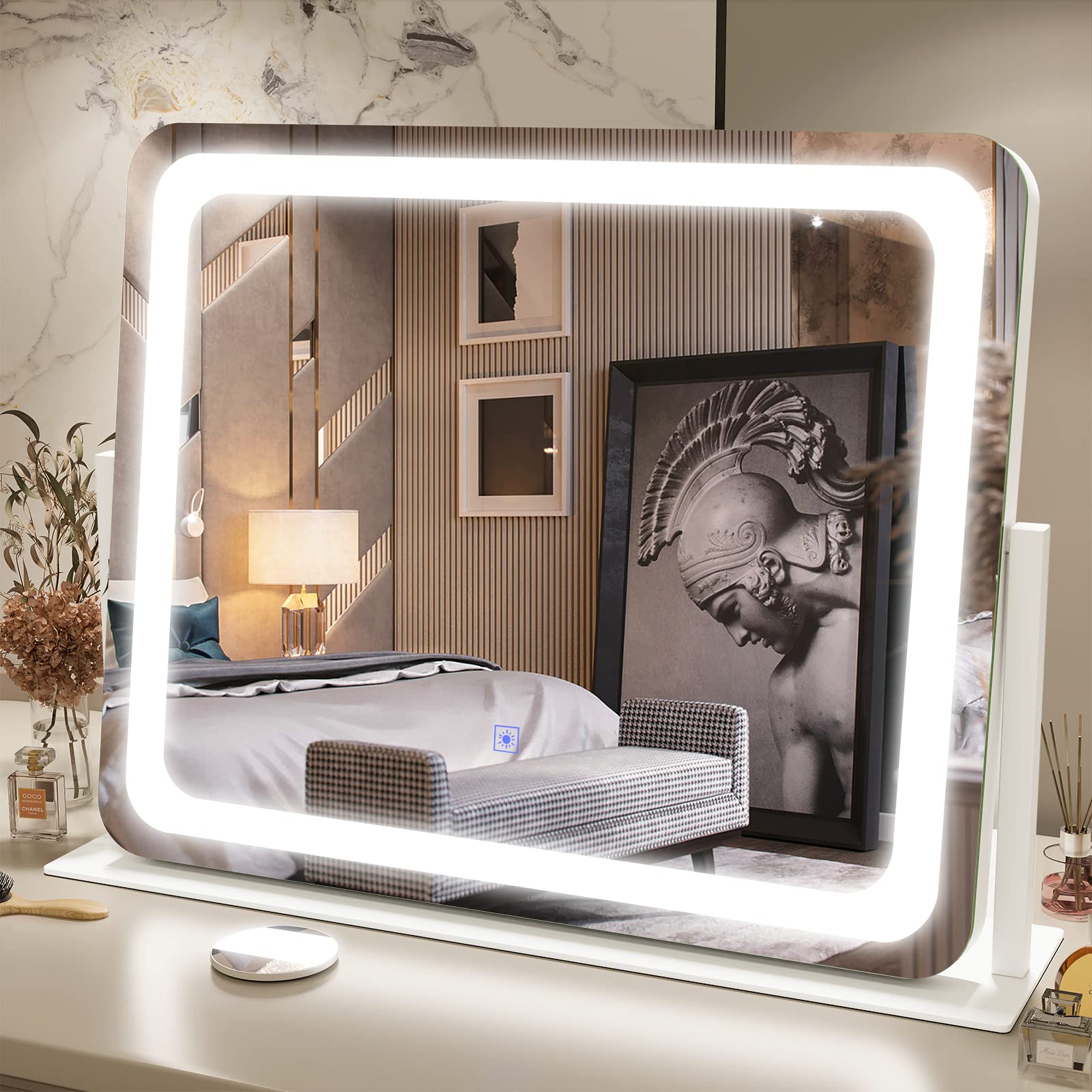 Fennio Vanity Mirror With Lights 22''X19'' Makeup Mirror With Lights,Vanity Mirror Touch Screen With 3-Color Lighting,Dimmable,F