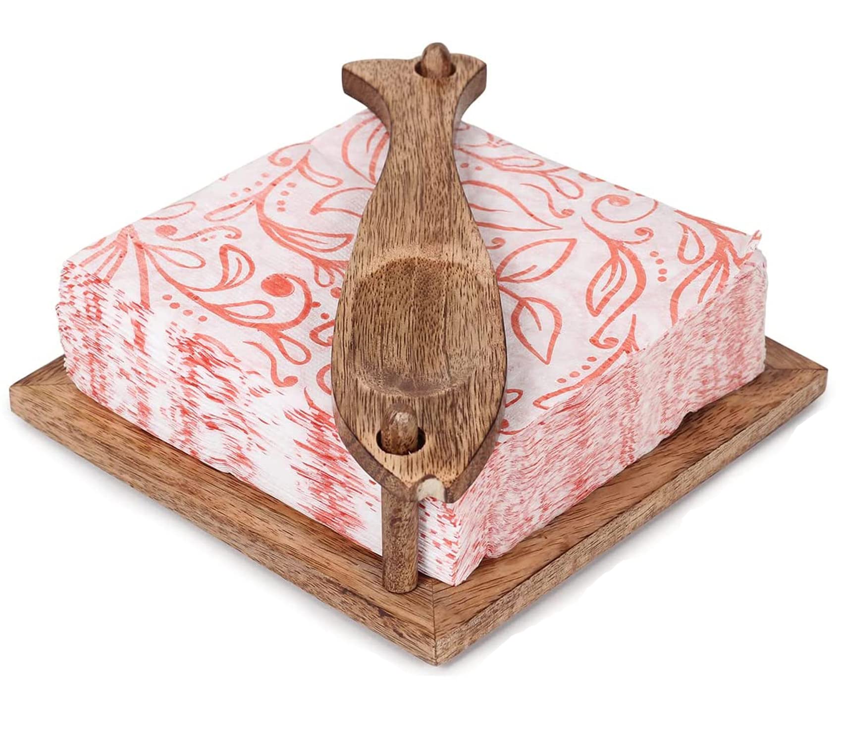 Etroves Wooden Napkin Holder Flat Tray Weighted Fish Shape Bar On Top With Toothpick Holder