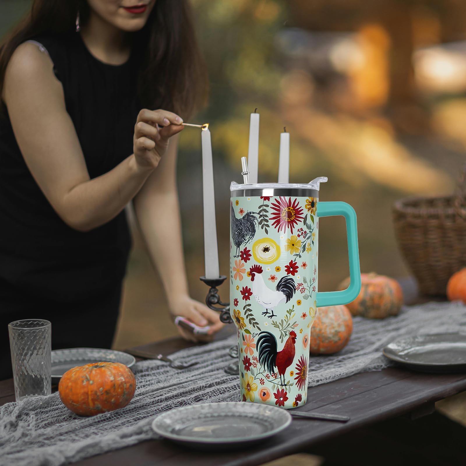 Nqhsionv Chicken Tumbler with Handle and Straw 40 oz Chicken Floral Cup Rooster Coffee Travel Mug Stainless Steel Insulated Wate