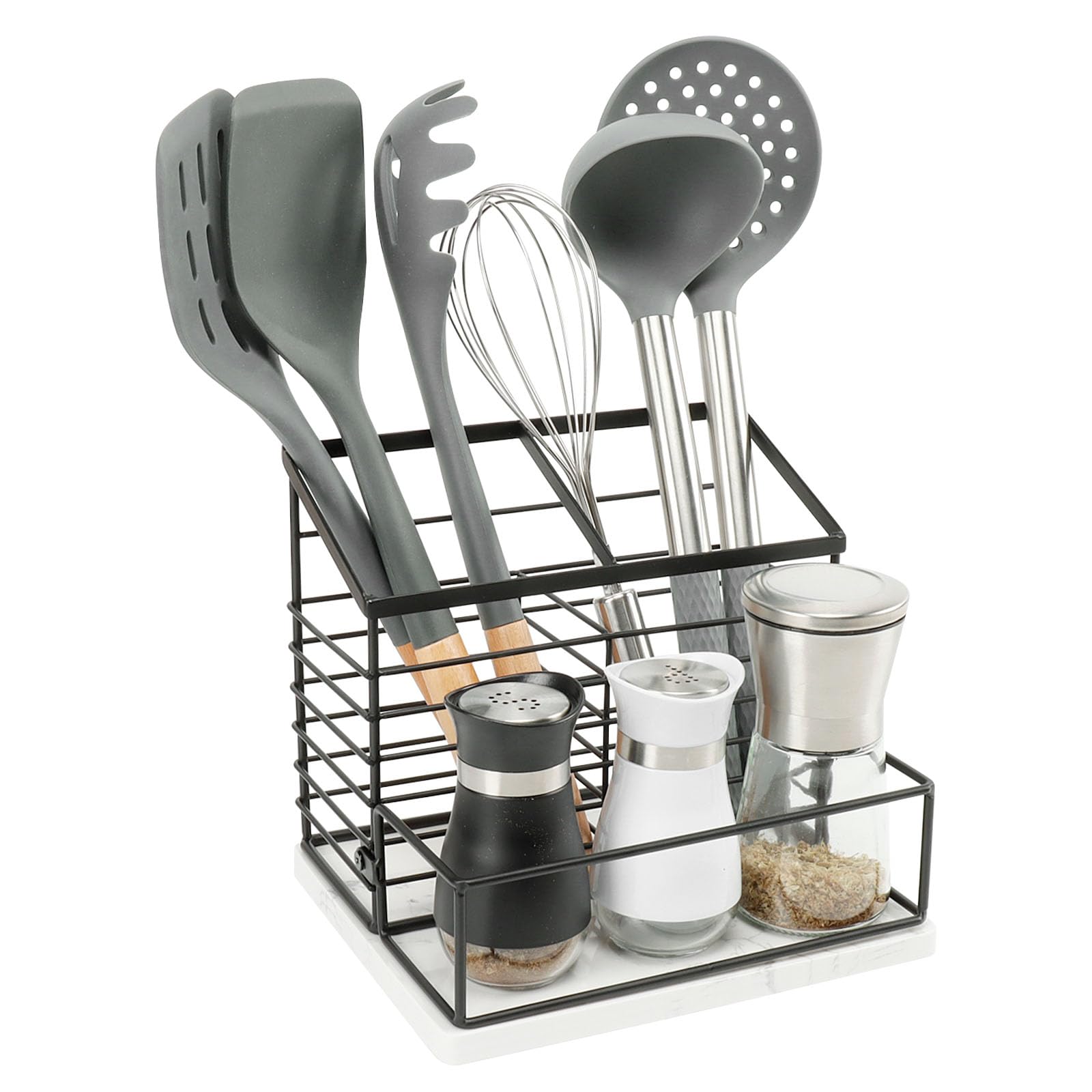 Jeasor Utensil Holder For Kitchen Counter, Metal Utensil Holder Rack With Salt And Pepper Shakers For Kitchen Countertop, Cookin