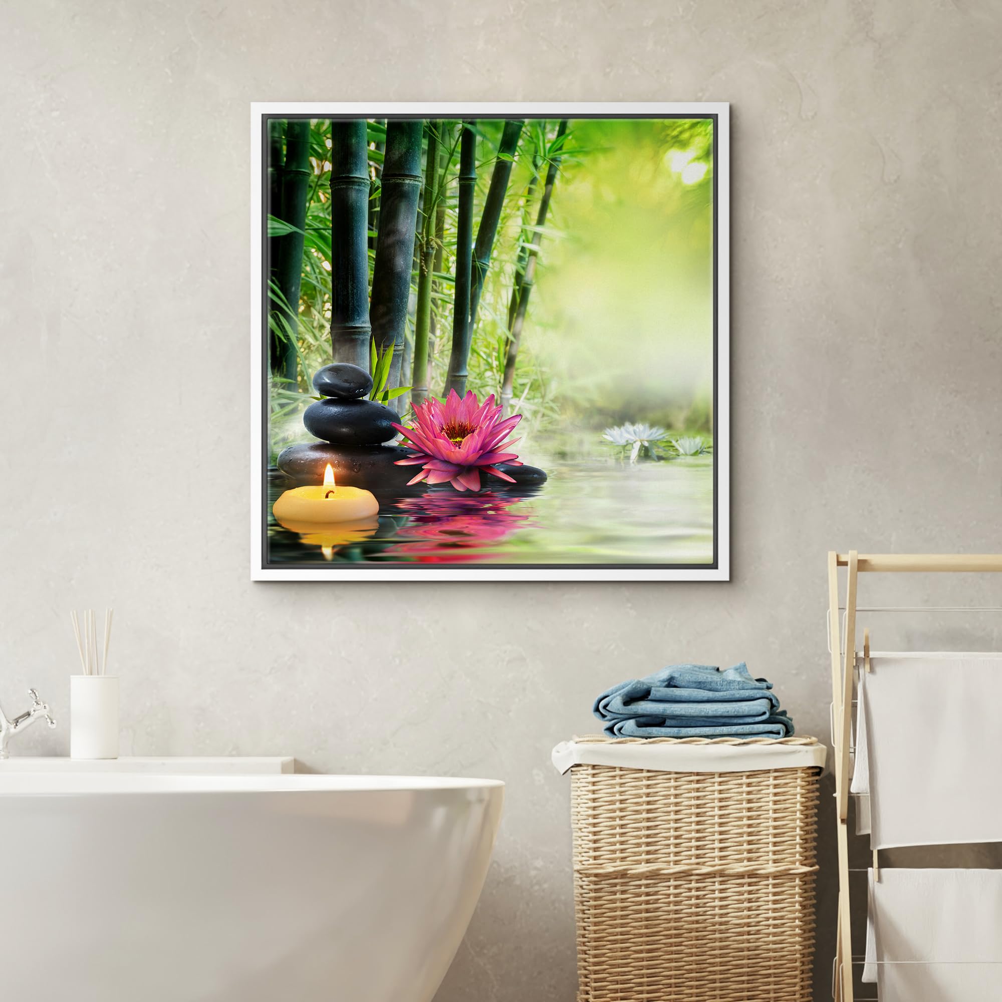 Wall26 Framed Canvas Print Wall Art Water Lily, Zen Stones, Candle & Bamboo Forest Floral Nature Digital Art Modern Art Rustic R