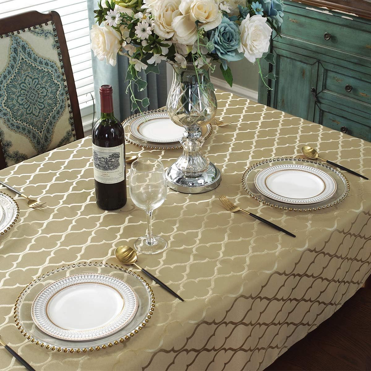 Sastybale Jacquard Tablecloth Flower Patterns Polyester Table Cloth Spill Proof Wrinkle Resistant Table Cover For Kitchen Dining