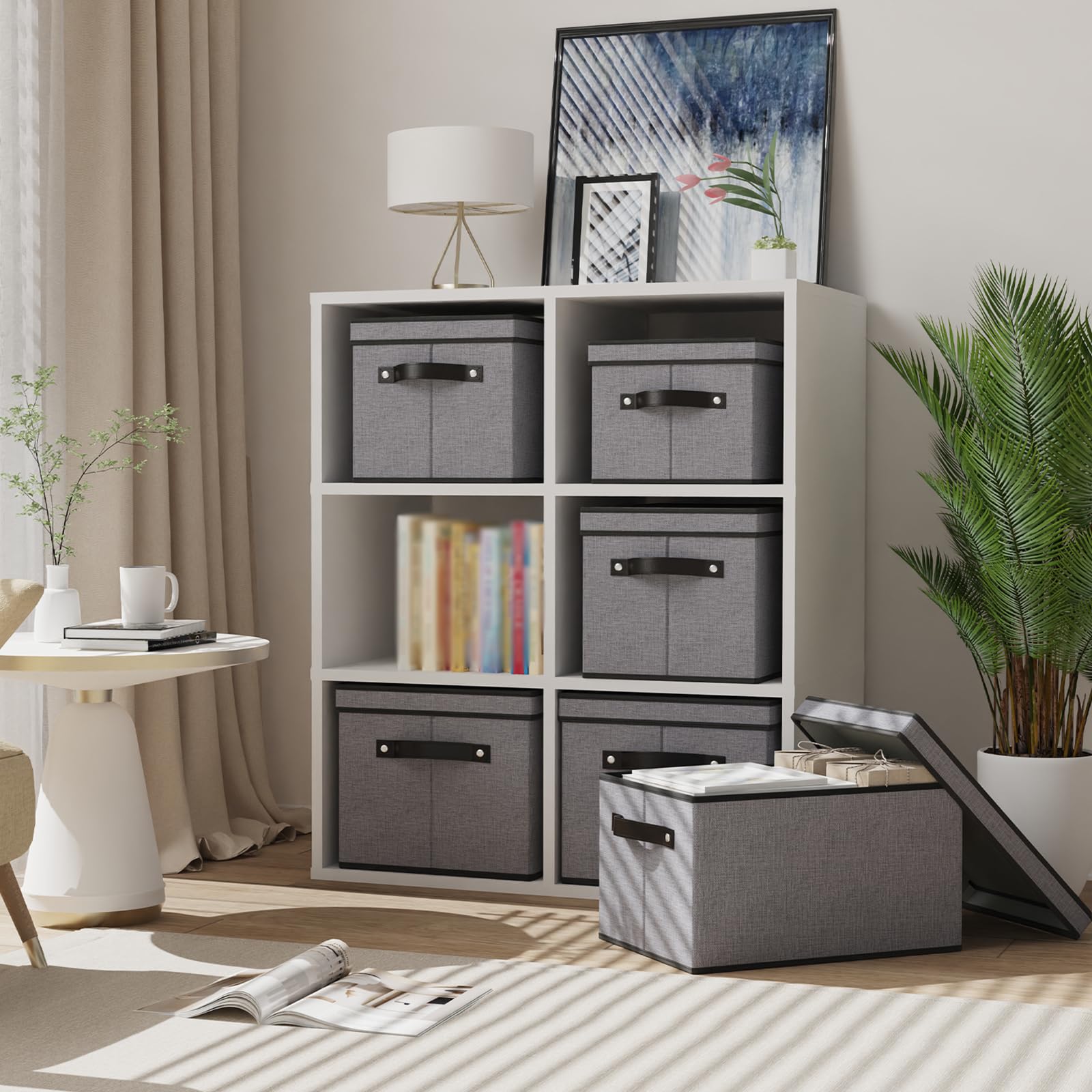 YheenLf Fabric Storage boxes  16.5 * 11.8 * 10.2inch Storage Baskets for Shelves with Lids  Fabric Storage Bins with Handles  Decorative Linen Closet Organizers Boxes  Large  Gray  5-Pack