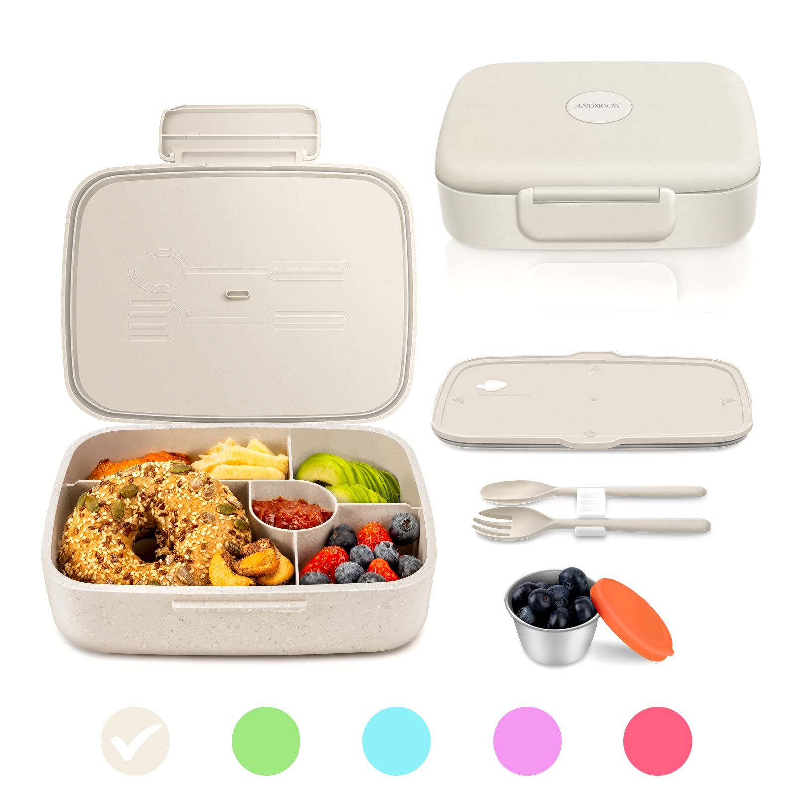 Andmoon Bento Lunch Box With Kids/Adults, 5 Compartments Leakproof Lunch Container With Dressing Cup, Eco-Friendly Double Insula