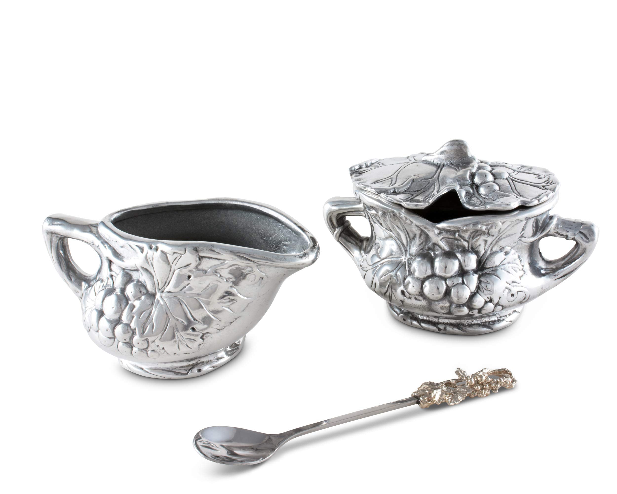 Arthur Court Designs Aluminum Grape Pattern Sugar And Creamer Set Sugar Bowl For Coffee And Tea 5.75 In W X 2.75 In H Creamer: 5