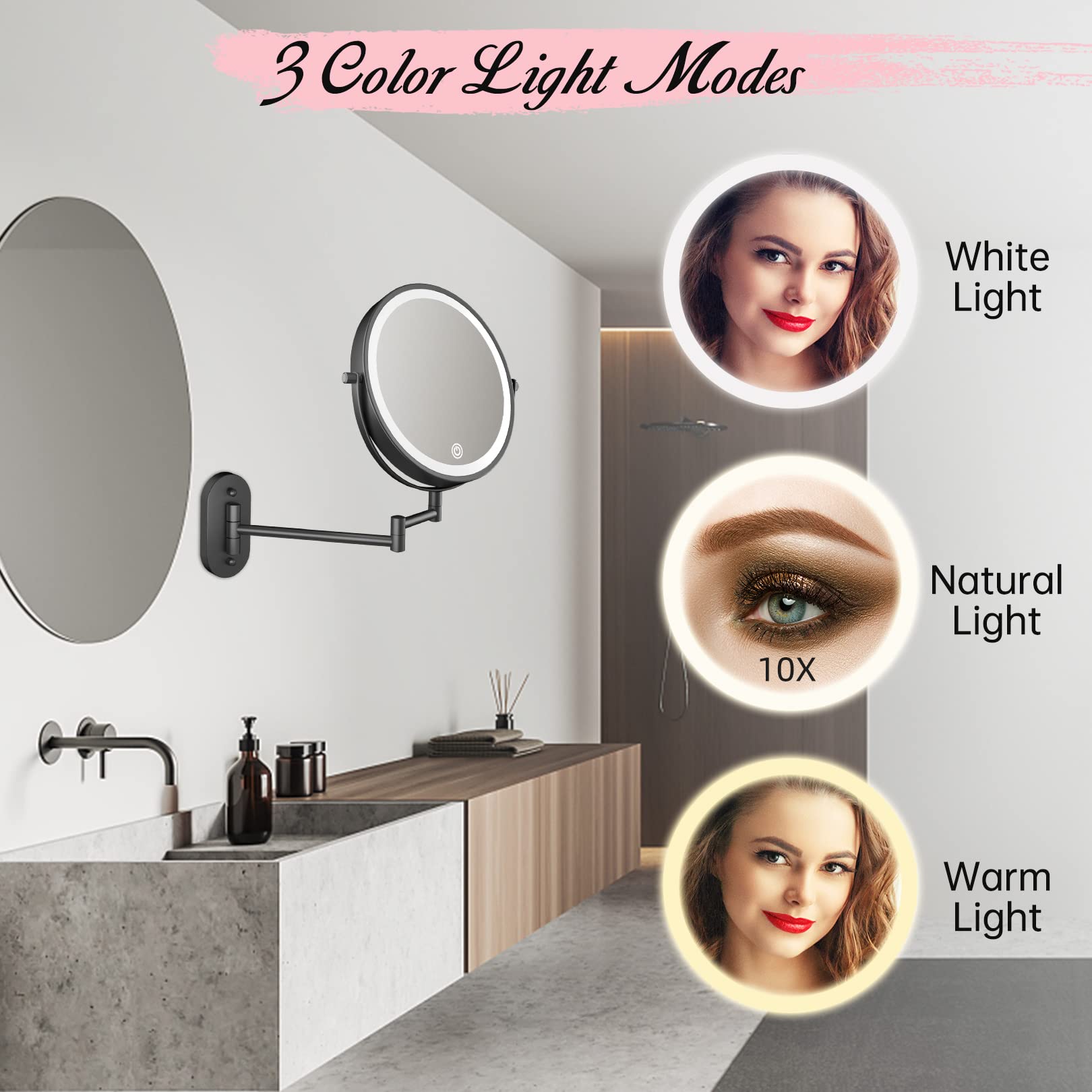 Fascinate Rechargeable Wall Mounted Lighted Vanity Mirror 8 Inch 1X/10X Magnifying Makeup Mirror With 3 Color Lights, Double Sid