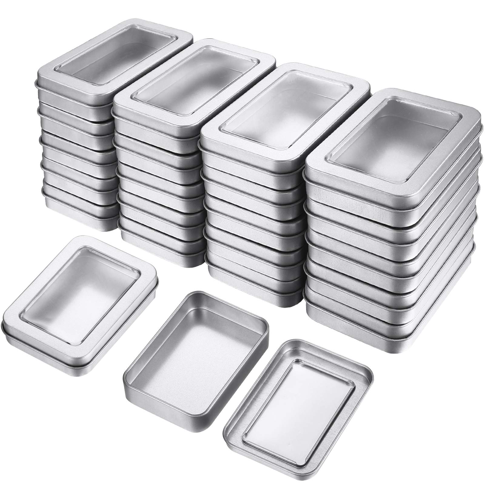 TecUnite 48 Pieces Tin Box Metal Tins with Lids Clear Top Empty Mini Portable Small Storage Tins Case for Home Candles, Candies,