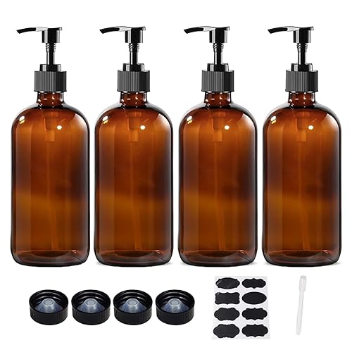 BPFY 4 Pack 16 oz Amber Glass Bottles with Pumps for Shampoo  Essential Oils  Cleaning Products  Lotions  Aromatherapy Oil  Pump Bottles  Refillable Containers with Cap  8 Chalk Labels  1 Pen
