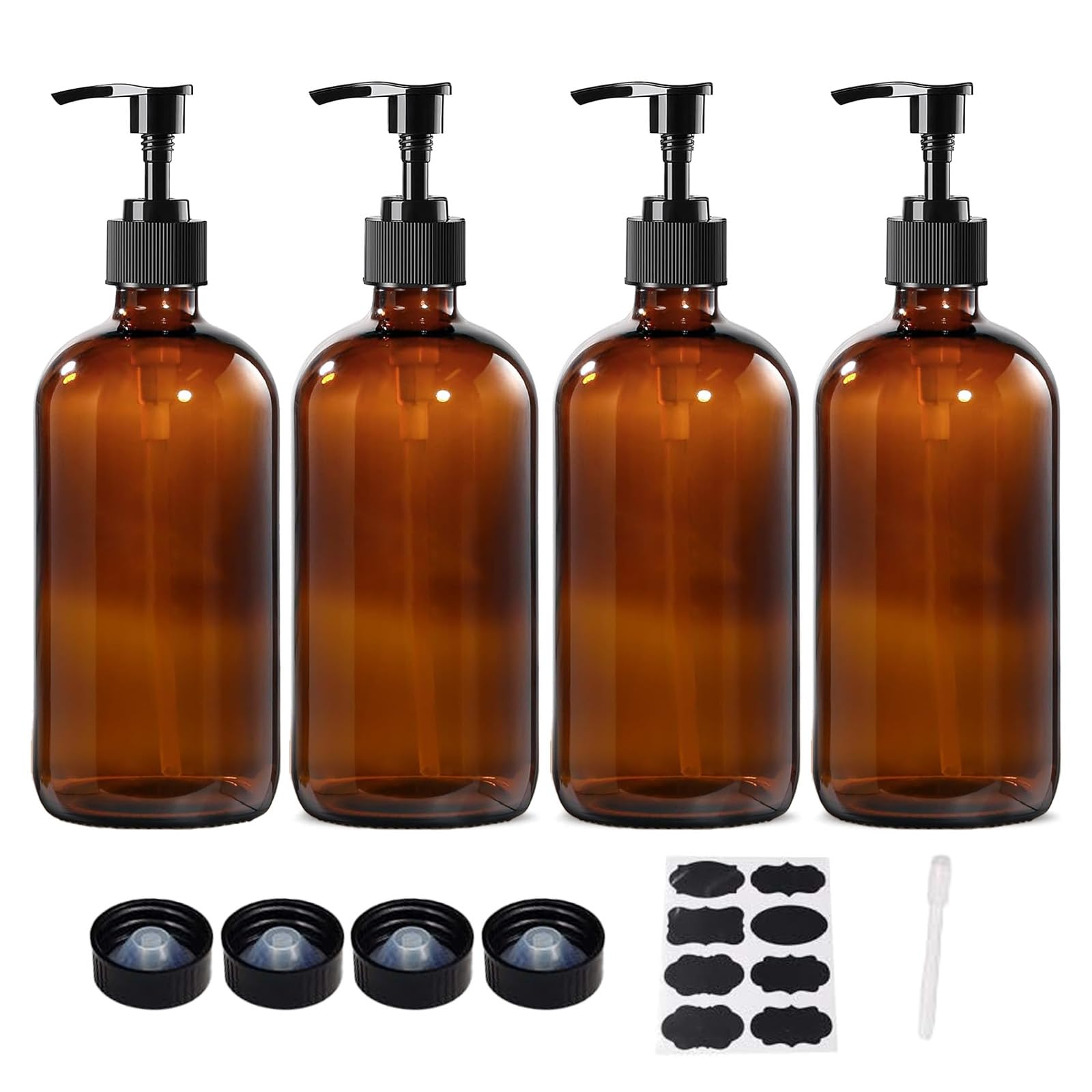 BPFY 4 Pack 16 oz Amber Glass Bottles with Pumps for Shampoo  Essential Oils  Cleaning Products  Lotions  Aromatherapy Oil  Pump Bottles  Refillable Containers with Cap  8 Chalk Labels  1 Pen