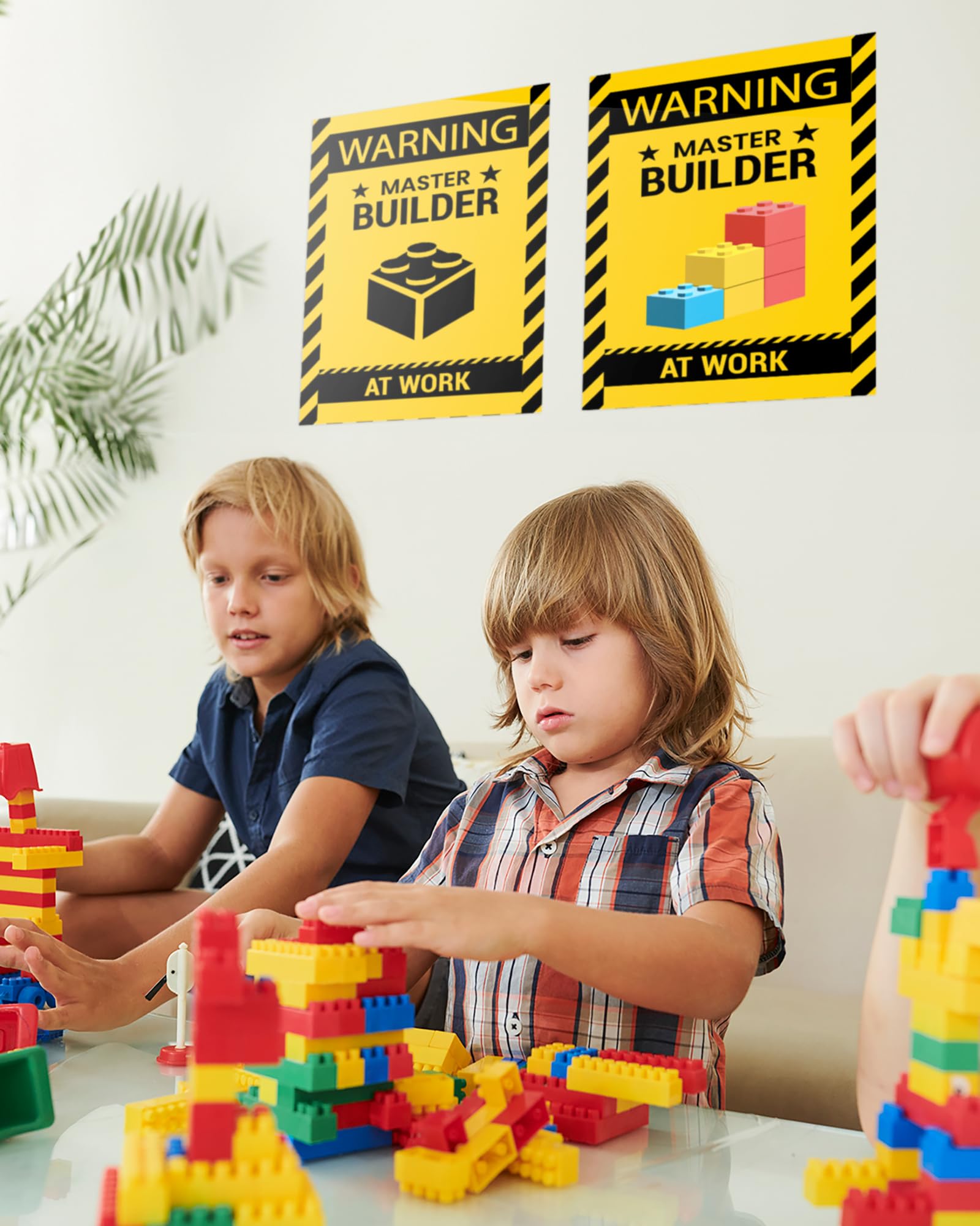 2 Pcs Wall Decor Warning Master Builder At Work, Vinyl Print Building Block Bricks Door & Room Caution For Brickbuilders, Child,