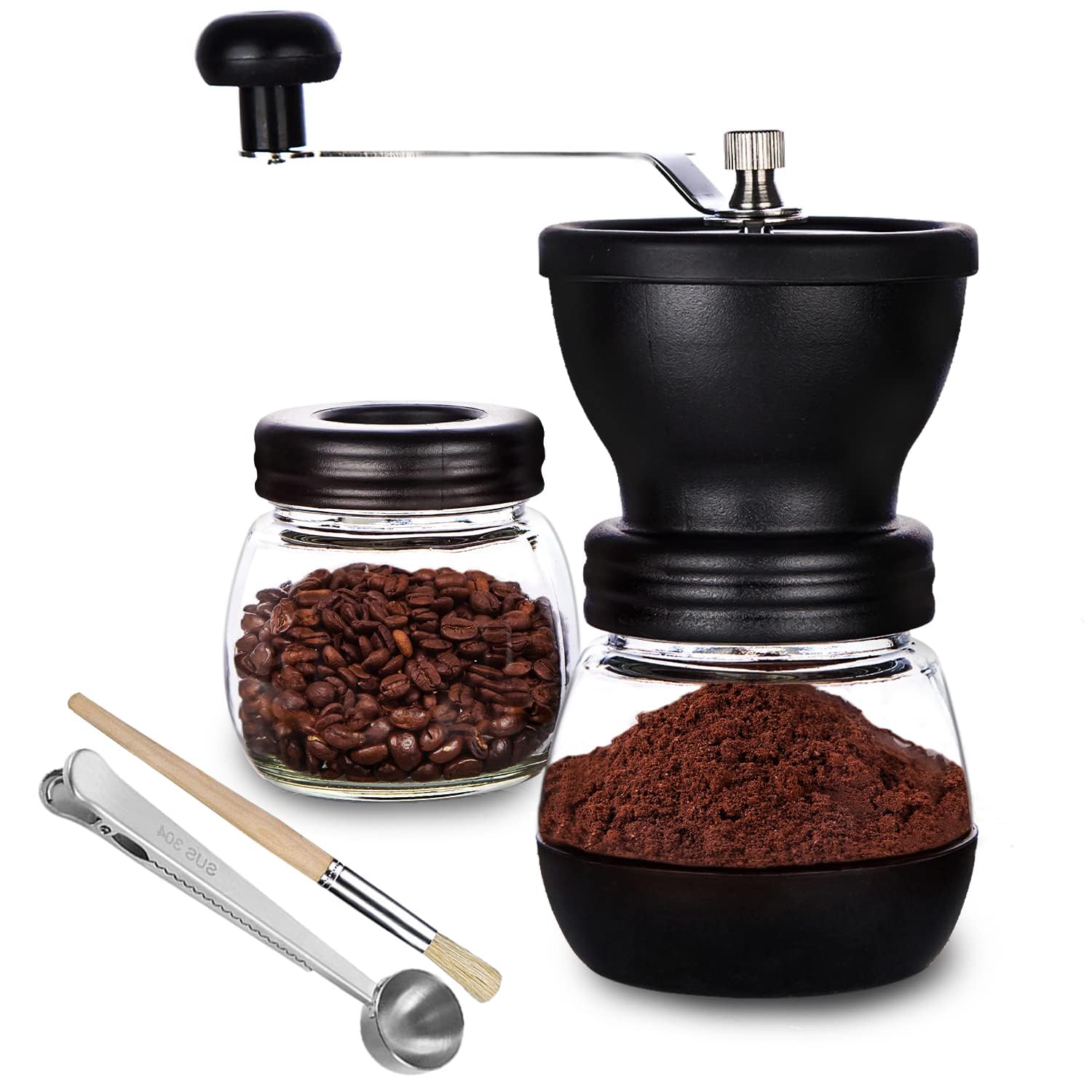 Paracity Manual Coffee Bean Grinder With Ceramic Burr, Hand Coffee Grinder Mill Small With 2 Glass Jars(11Oz Per Jar) Stainless