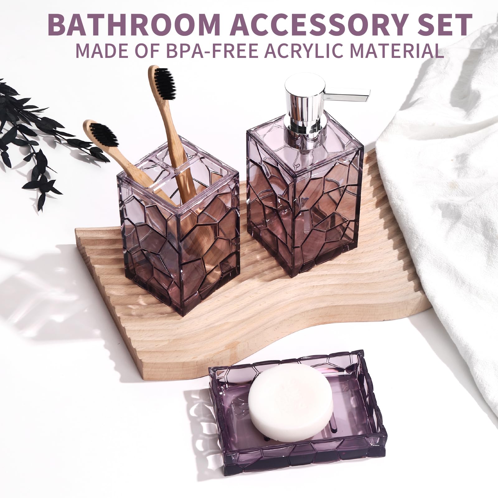 Gahefy Lavender Purple Bathroom Accessories Set With Toothbrush Holder, Soap Dispenser, Tumbler, Soap Dish, Purple Bathroom Deco