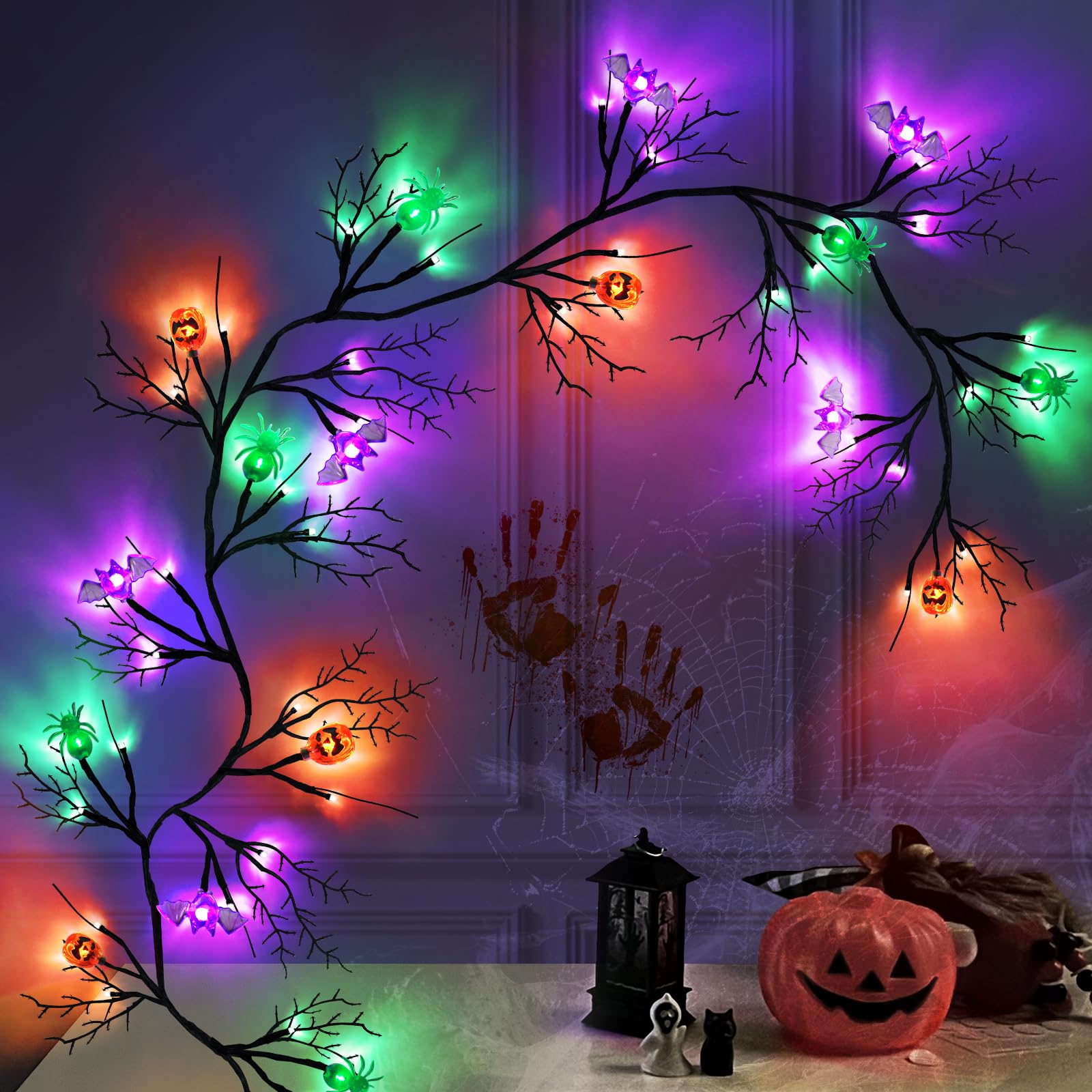 SURCVIO [ 8 Modes & Timer ] 6 Ft 54 LED Halloween Willow Vine Twig Decor Garland with 6 Bats & Pumpkins & Spiders Lights Waterpr