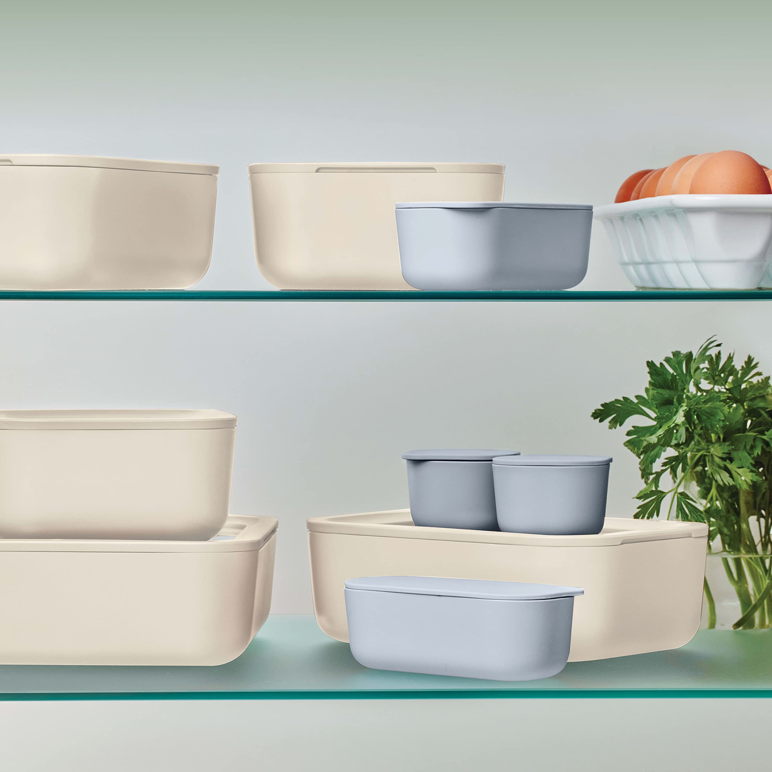 Caraway Glass Food Storage Set  14 Pieces - Ceramic Coated Food Containers - Easy to Store  Non Toxic Lunch Box Containers with Glass Lids - Includes Storage Organizer & Dot & Dash Inserts - Cream