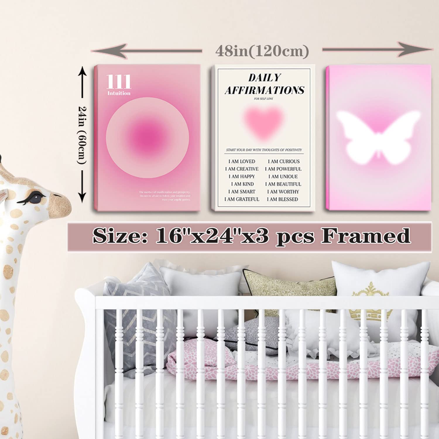 Pink Canvas Wall Art Set Of 3 - Abstract Halo Angel Number Positive Energy Motivational Wall Decor - Ideal For Living Room, Bedr