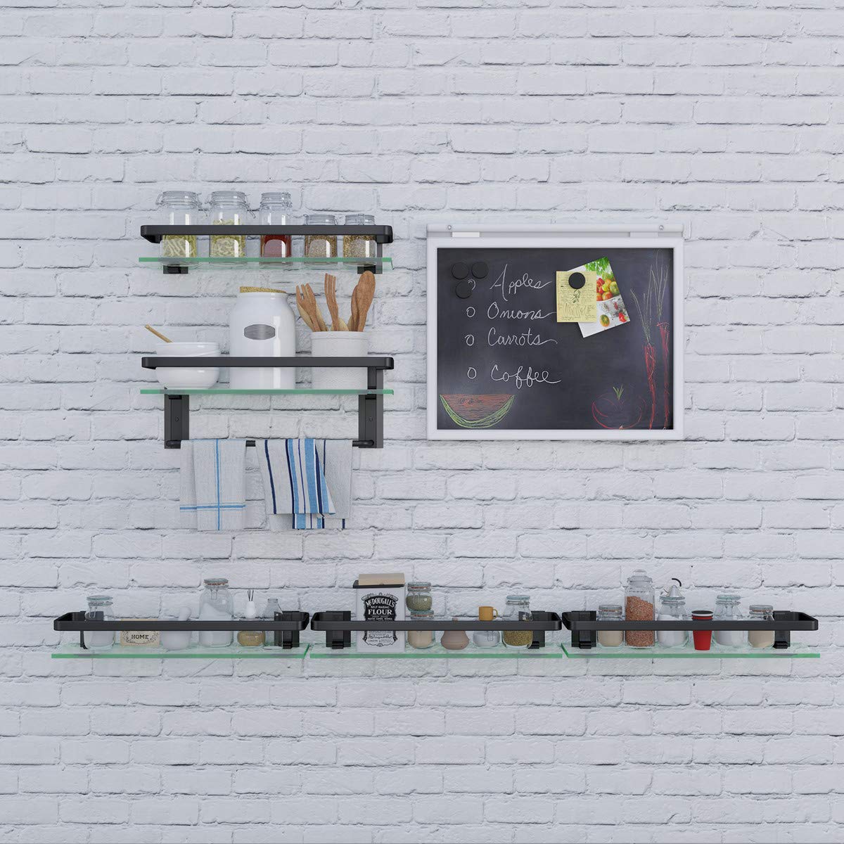 Volpone Bathroom Glass Shelf With Towel Bar- Black Bathroom Shelf Wall Mount Rustproof Bathroom Wall Organizer 1 Tier (Black)