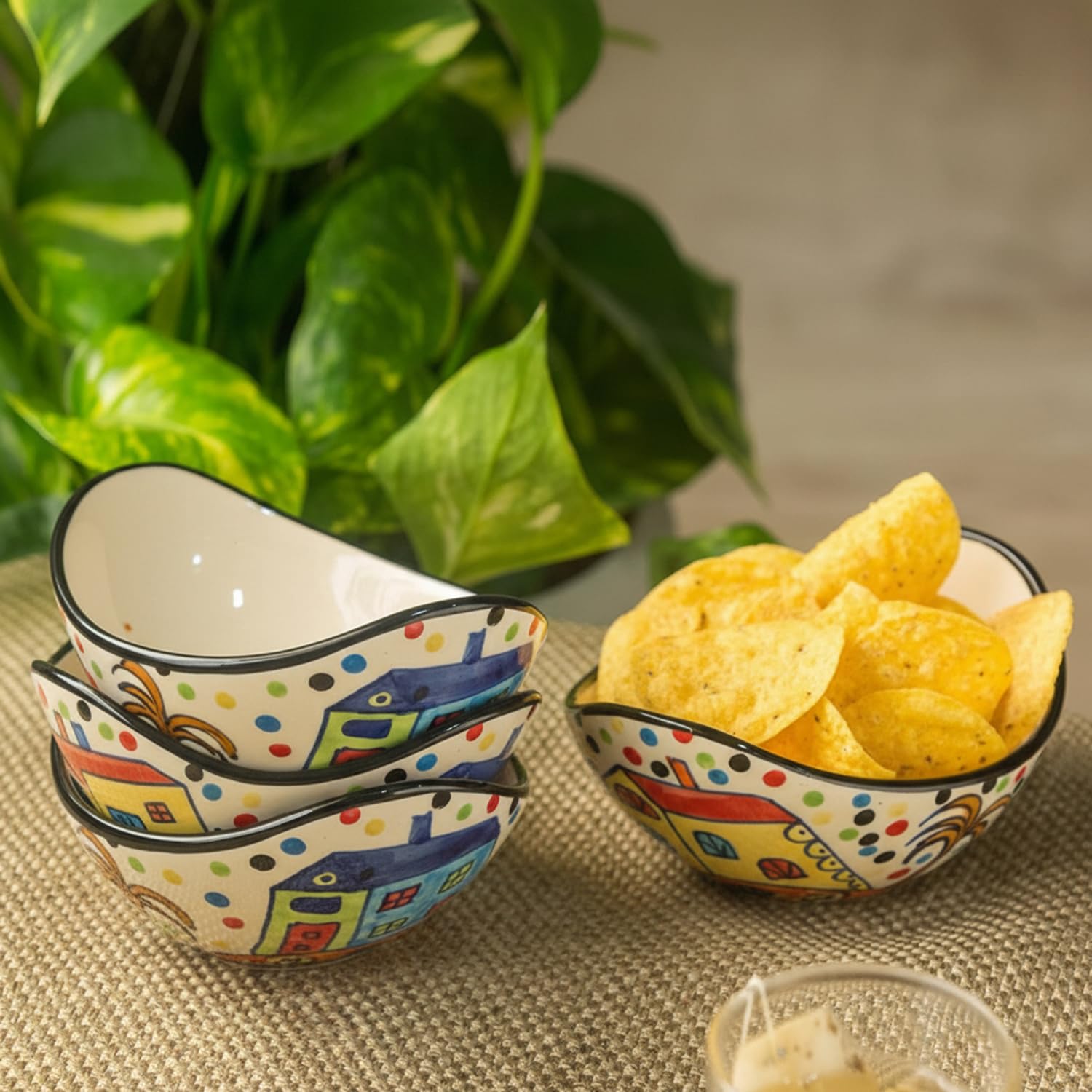 Exclusivelane 'Hut Handpainted' Ceramic Bowls For Serving Bowl Set (Set Of 4, Microwave & Dishwasher Safe, Each Bowl Capacity : 