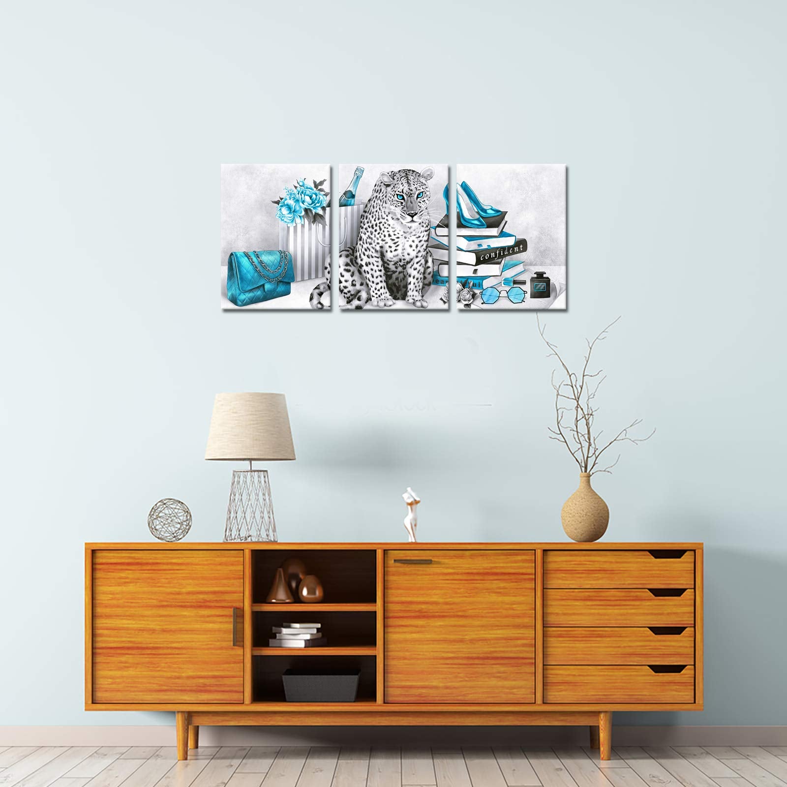 Visual Art Decor Turquoise And Grey Wall Art Leopard Decor Painting Canvas Prints Girls Bedroom Bathroom Wall Decor 12Inchx16Inc