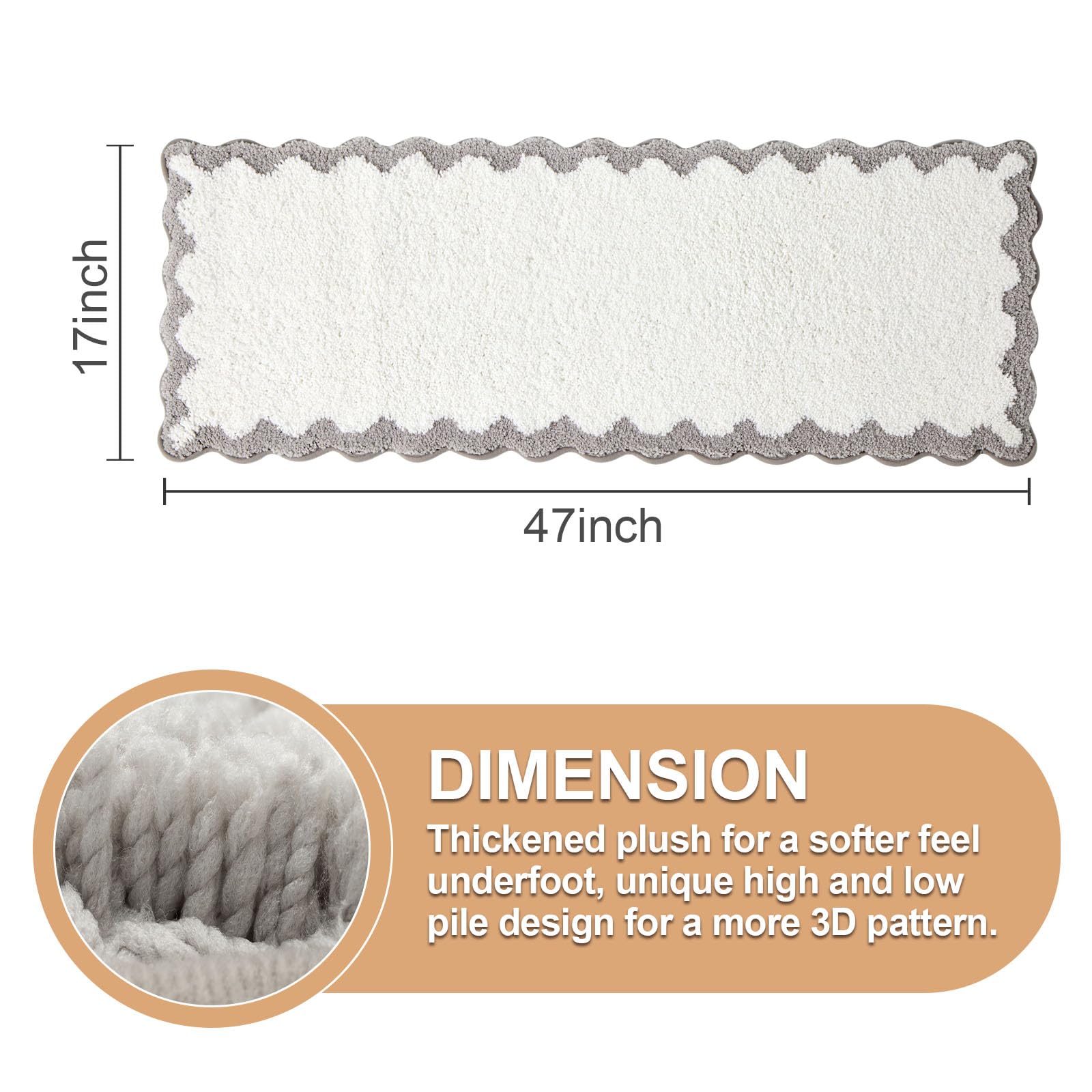 Ortigia Long Cute Scalloped Bathroom Rugs Runner, Fun White And Gray Plush Microfiber Scallop Bath Mats Non Slip Washable Quick