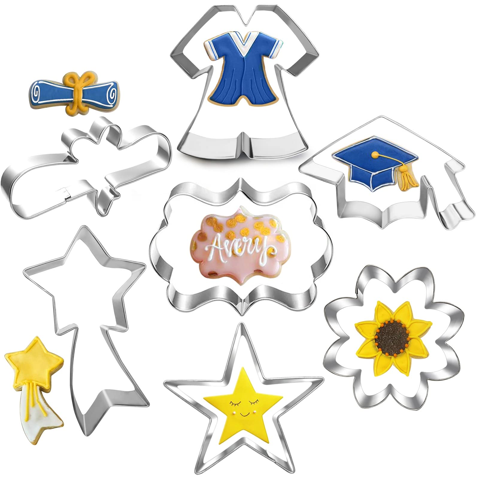 Lubtosmn Graduation Cookie Cutter Set-7 Piece-Graduation Cap, Gown, Diploma, Sunflower, Star, Shooting Star And Plague Cookie Bi