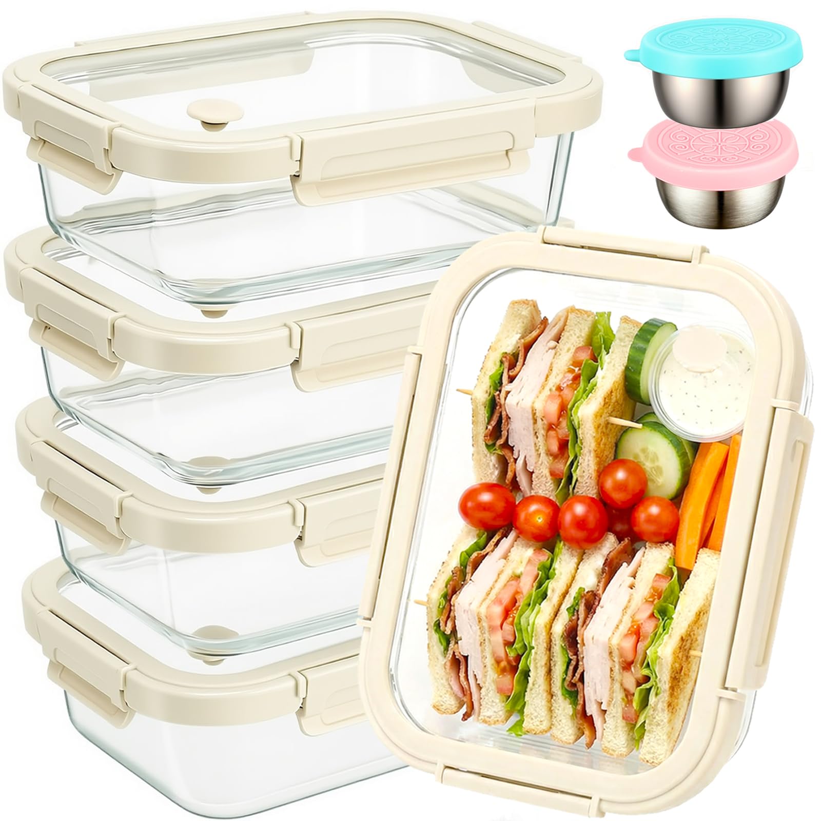 COSYSHINY Glass Food Storage Containers with Glass Lids, Stainless Steel Salad Dressing Containers, Microwavesafe LeakProof Foo